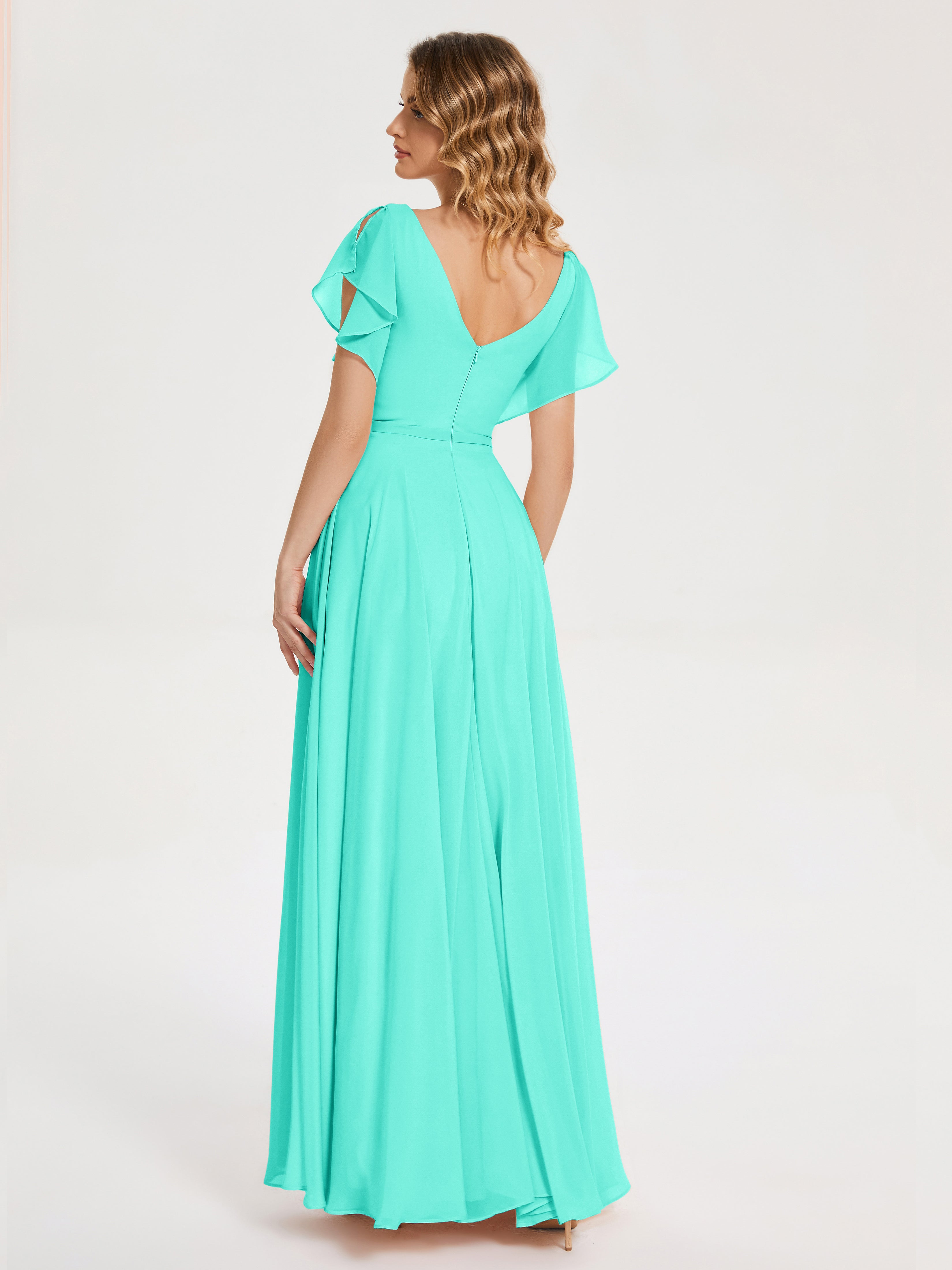 Robes De Demoiselle D'Honneur Spa Col V Fendue Mousseline Robes Demoiselle D'Honneur À Volants