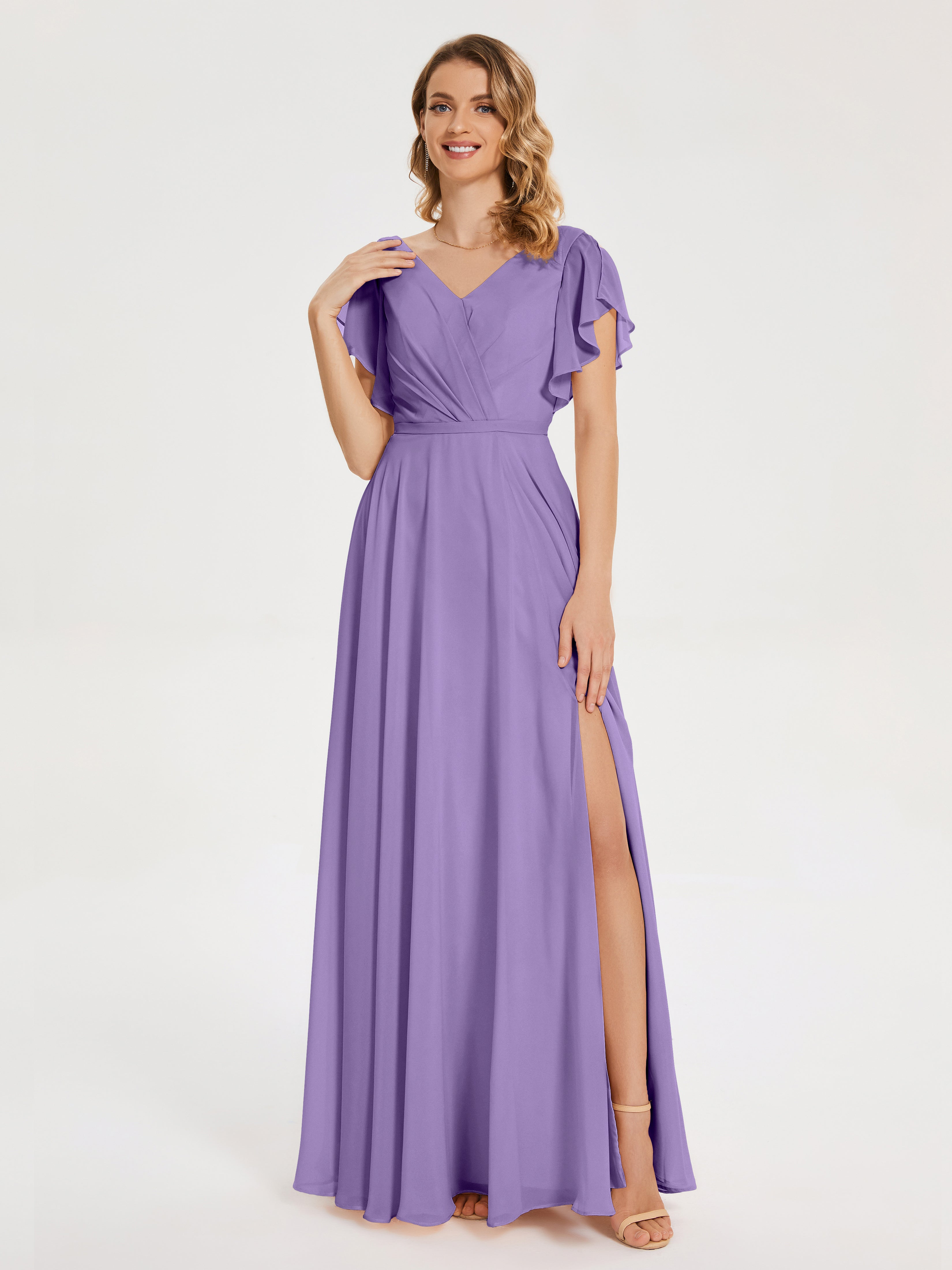 Robes De Demoiselle D'Honneur Tahiti Col V Fendue Mousseline Robes Demoiselle D'Honneur À Volants