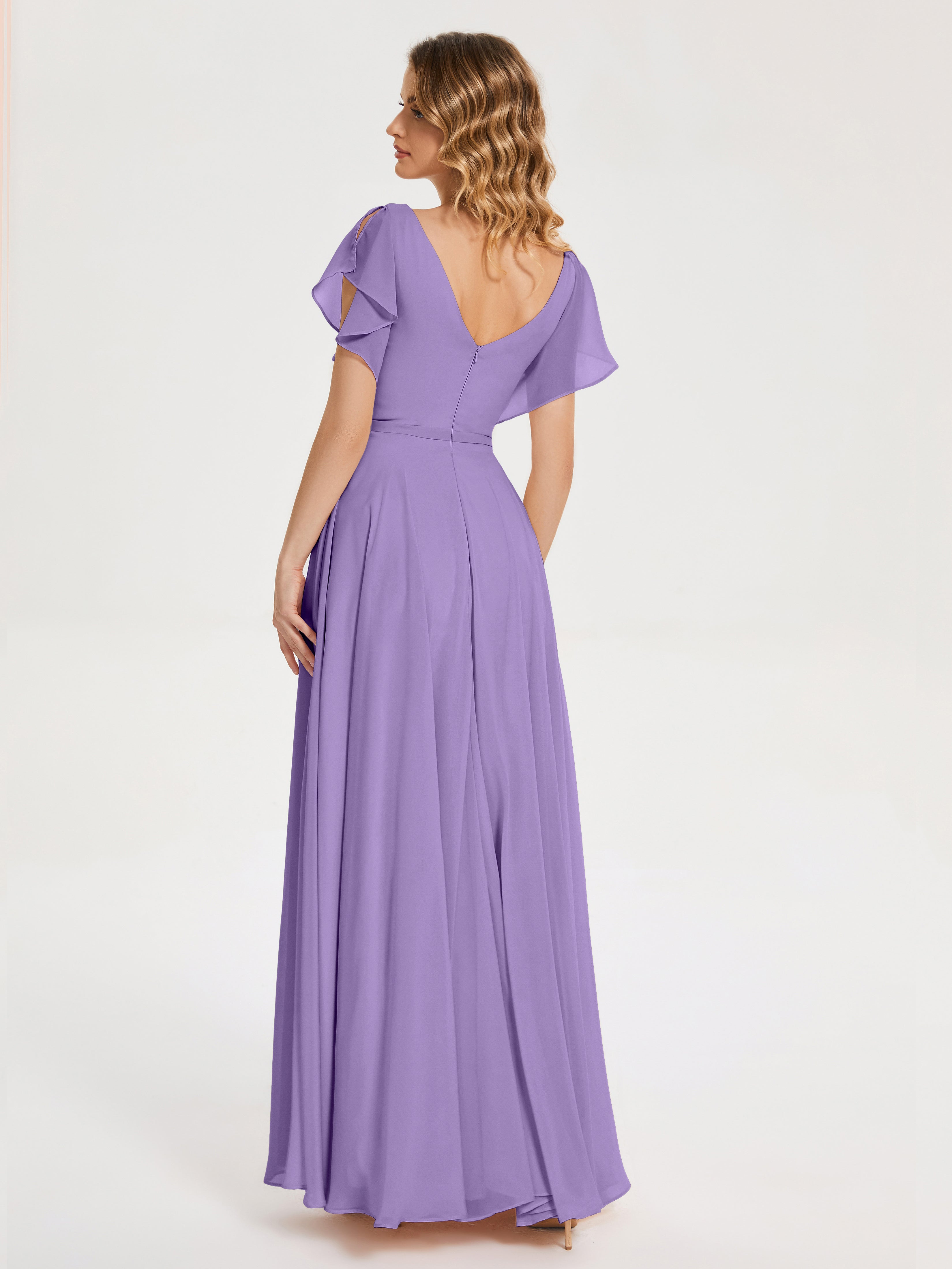 Robes De Demoiselle D'Honneur Tahiti Col V Fendue Mousseline Robes Demoiselle D'Honneur À Volants