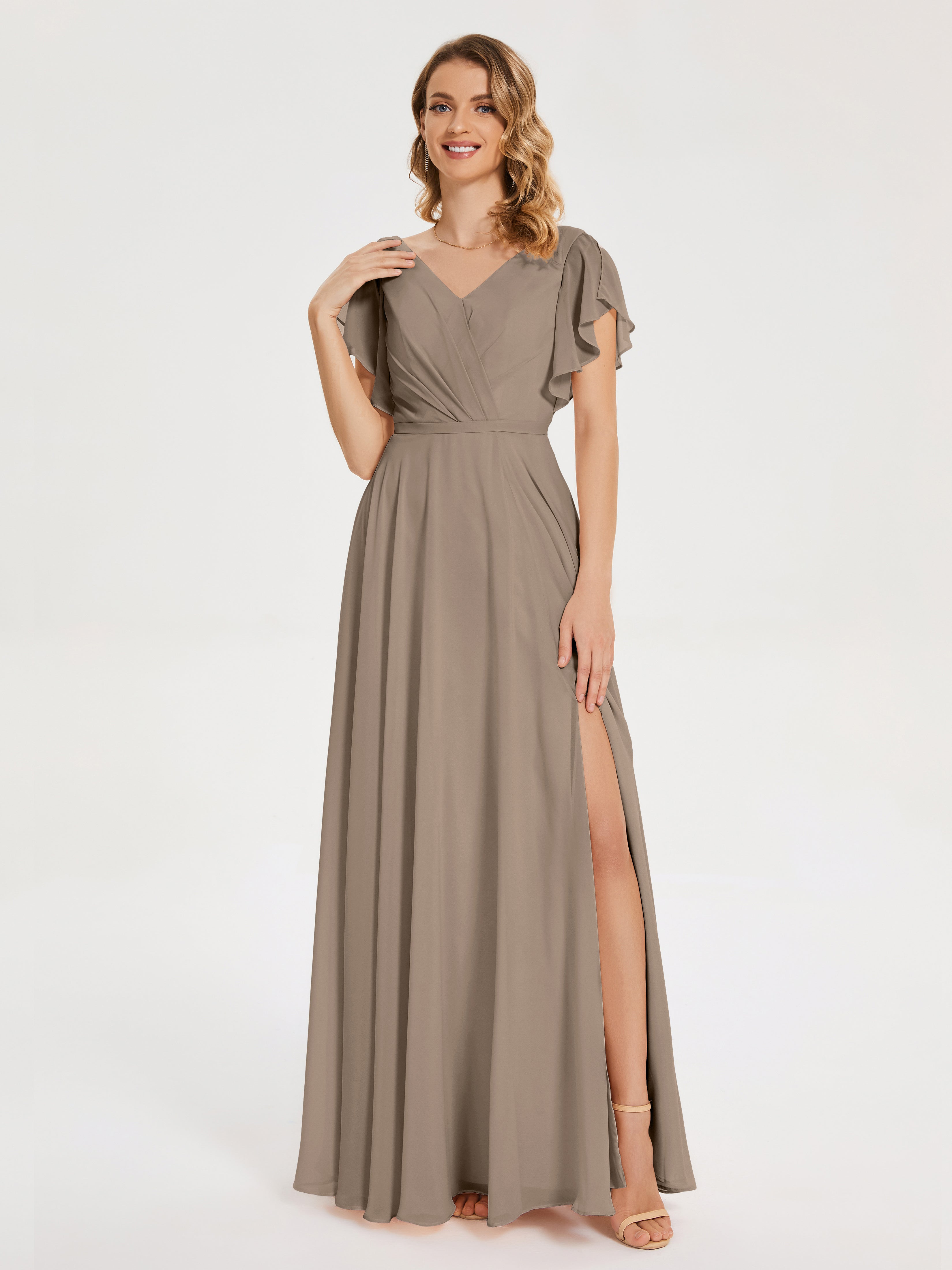 Robe Taupe Demoiselle D Honneur Col V Fendue Mousseline Robes Demoiselle D'Honneur À Volants