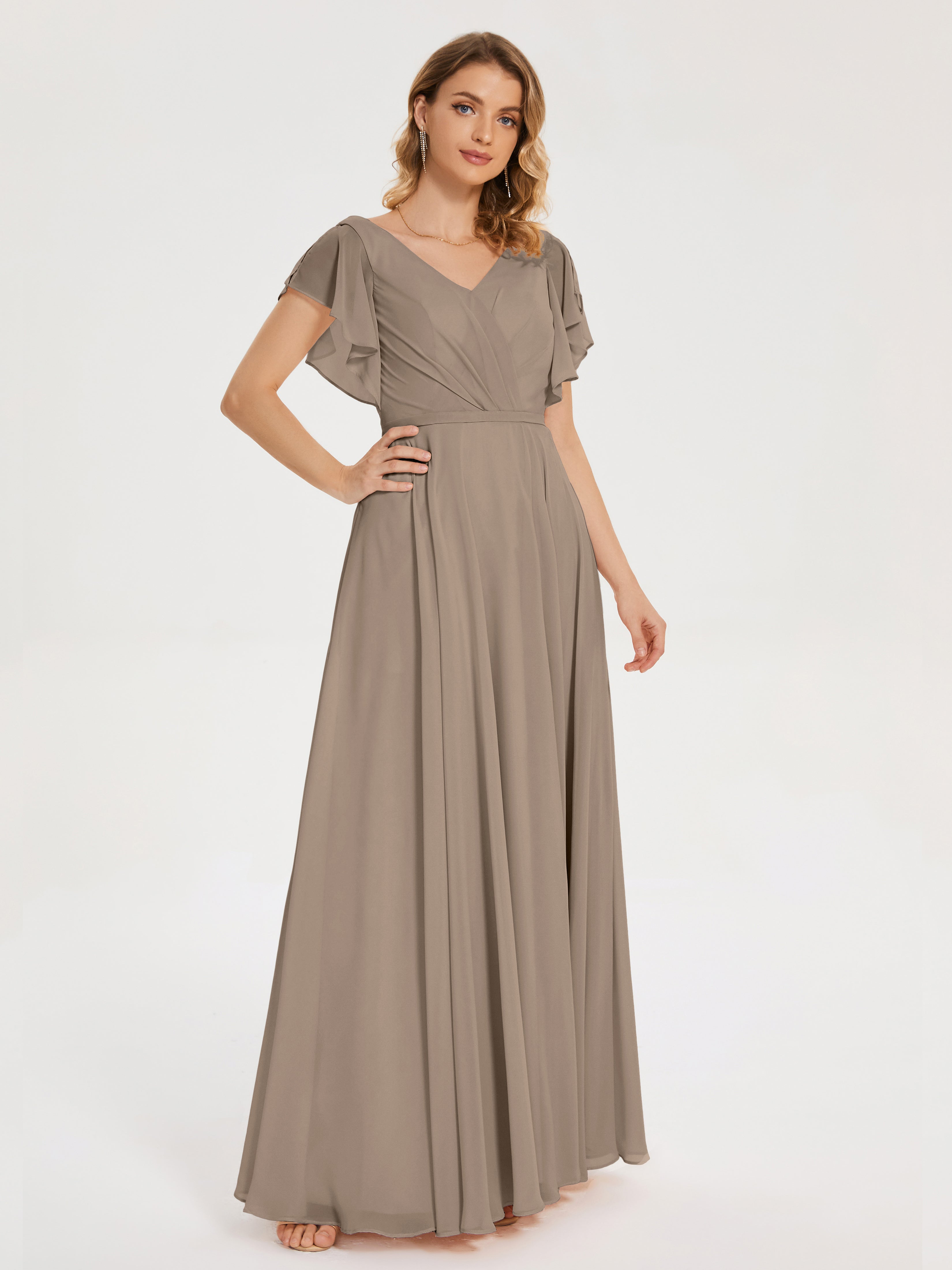 Robe Taupe Demoiselle D Honneur Col V Fendue Mousseline Robes Demoiselle D'Honneur À Volants