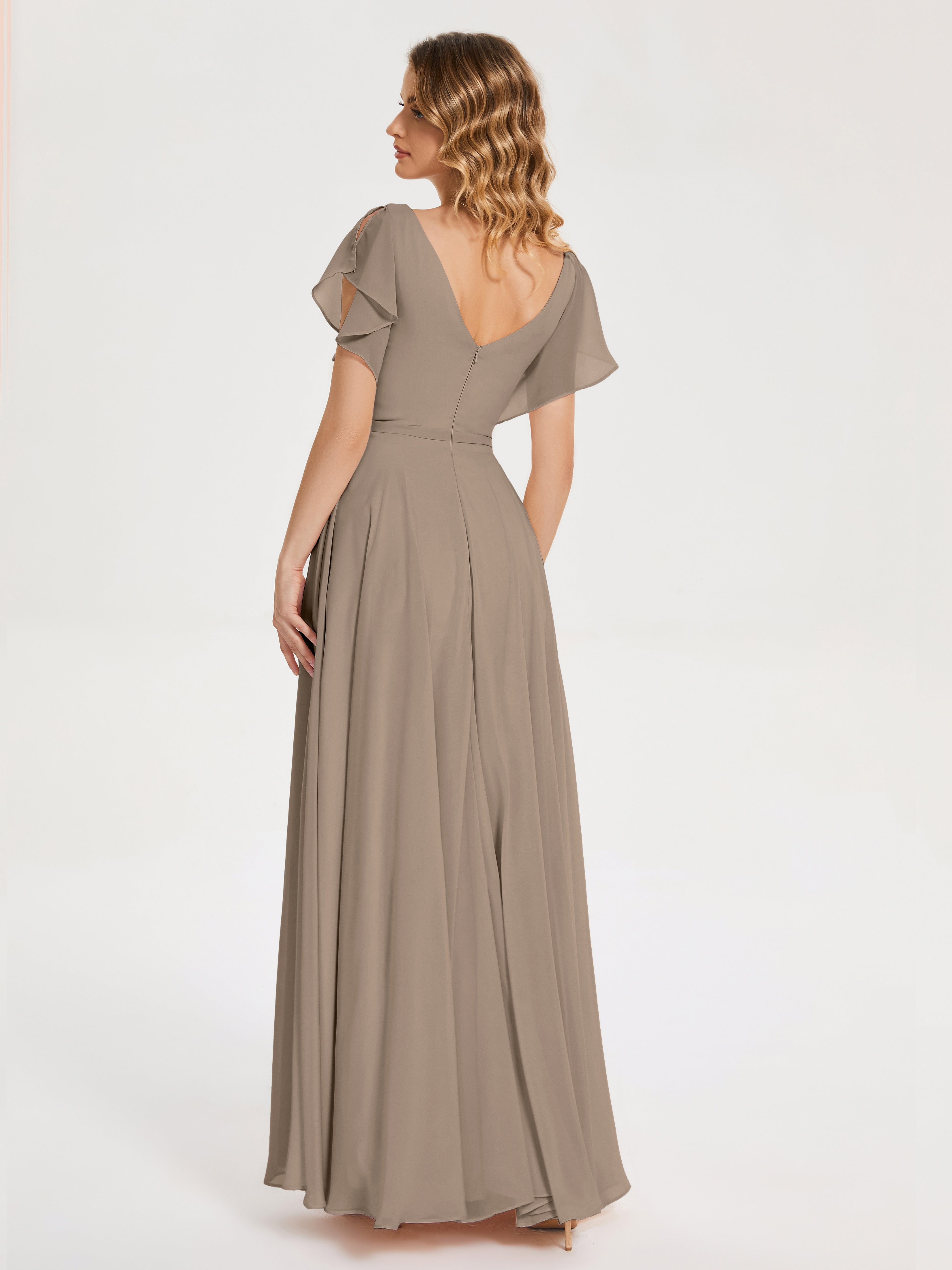 Robe Taupe Demoiselle D Honneur Col V Fendue Mousseline Robes Demoiselle D'Honneur À Volants