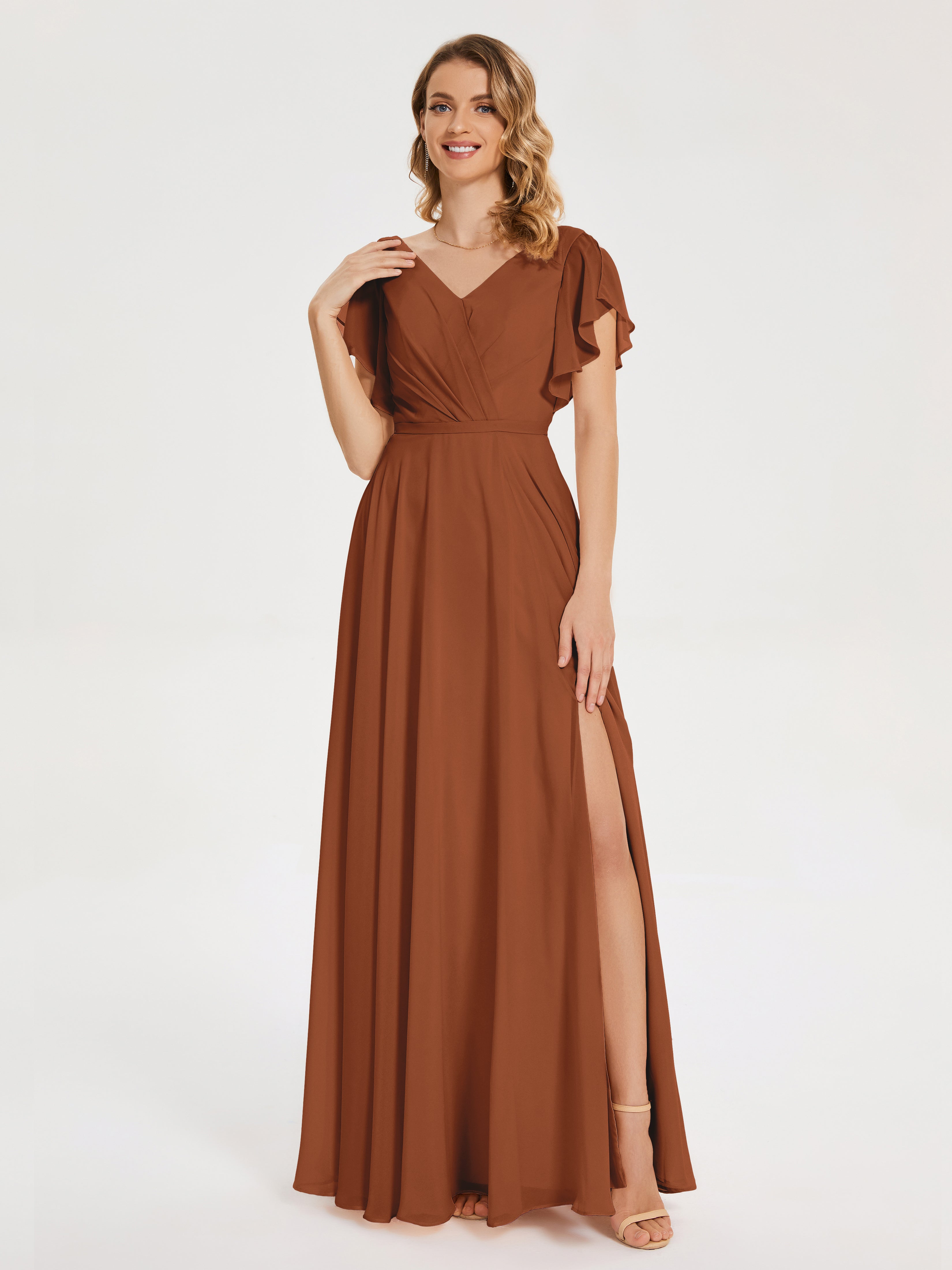 Demoiselle D Honneur Terracotta Col V Fendue Mousseline Robes Demoiselle D'Honneur À Volants