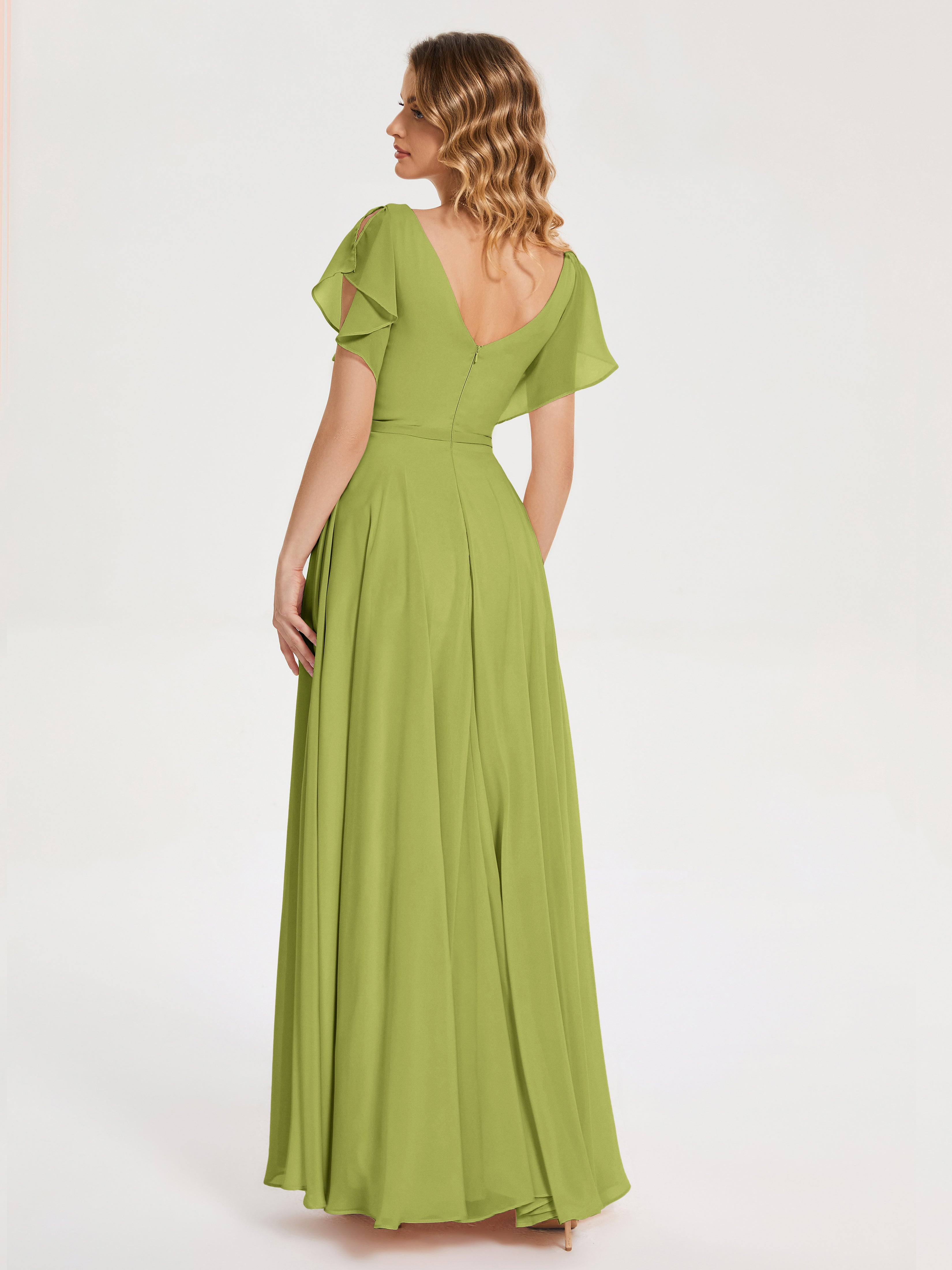 Robes De Demoiselle D'Honneur Trèfle Col V Fendue Mousseline Robes Demoiselle D'Honneur À Volants