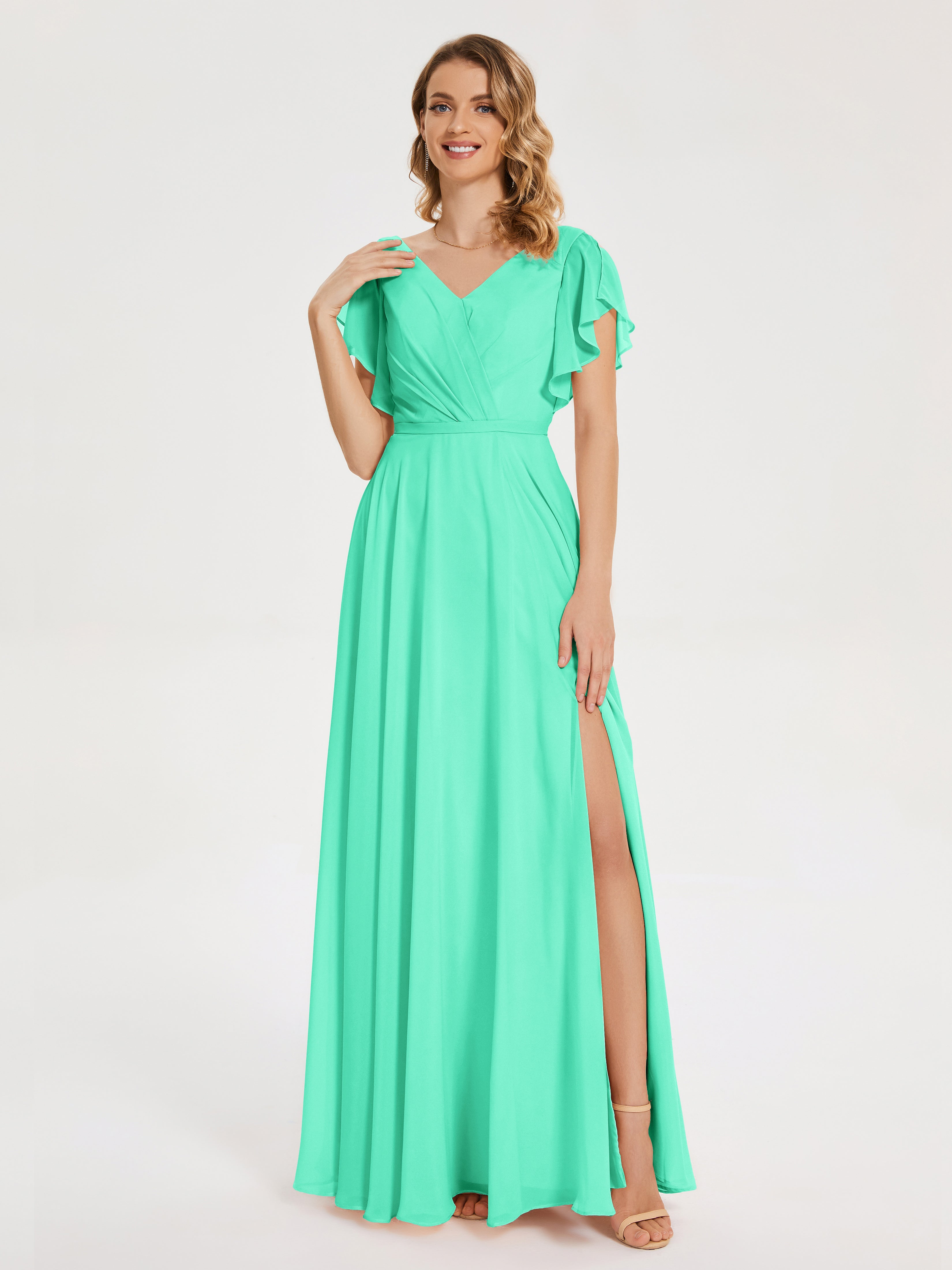 Robe Bleu Turquoise Demoiselle D Honneur Col V Fendue Mousseline Robes Demoiselle D'Honneur À Volants