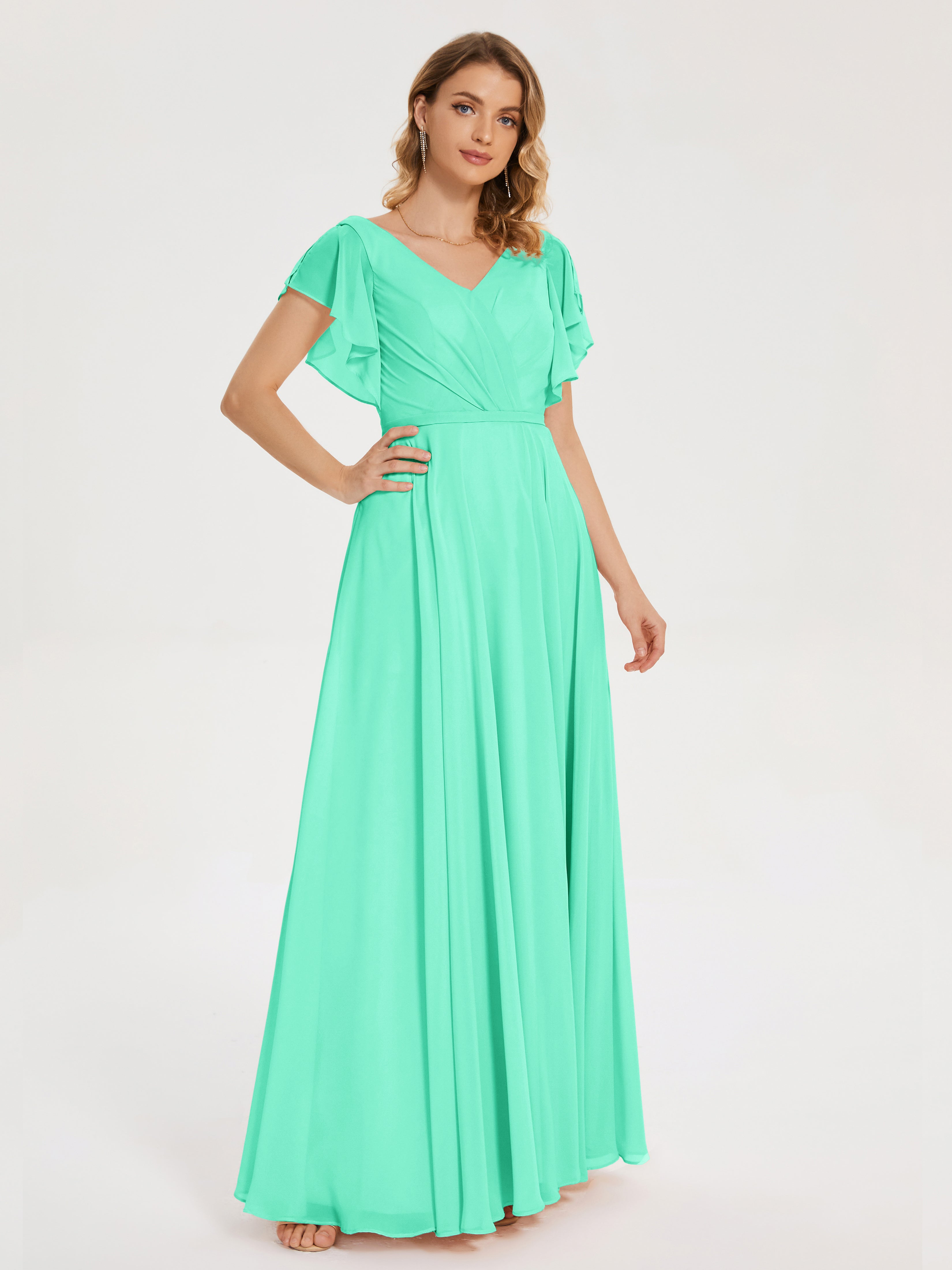 Robe Bleu Turquoise Demoiselle D Honneur Col V Fendue Mousseline Robes Demoiselle D'Honneur À Volants