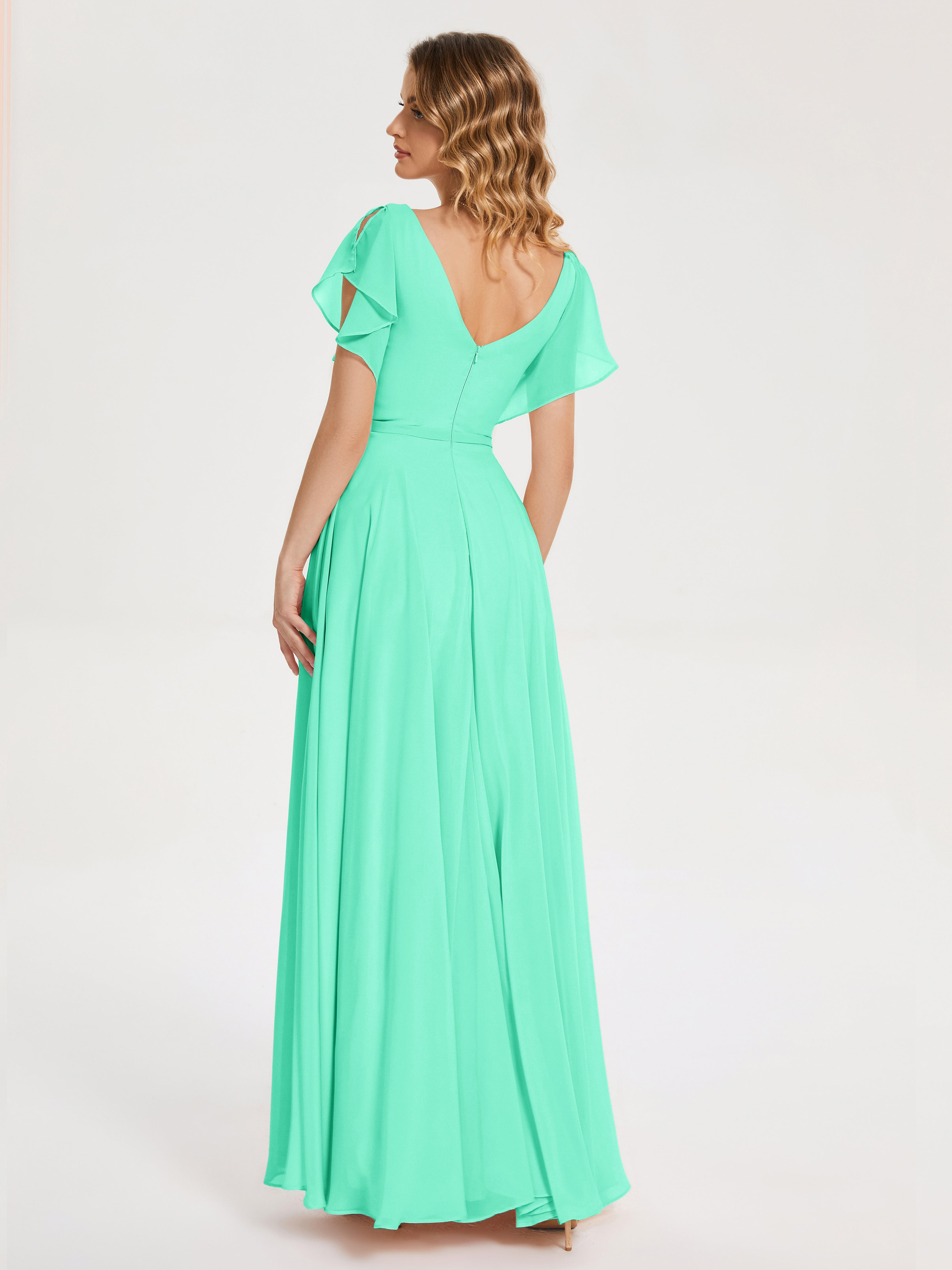 Robe Bleu Turquoise Demoiselle D Honneur Col V Fendue Mousseline Robes Demoiselle D'Honneur À Volants