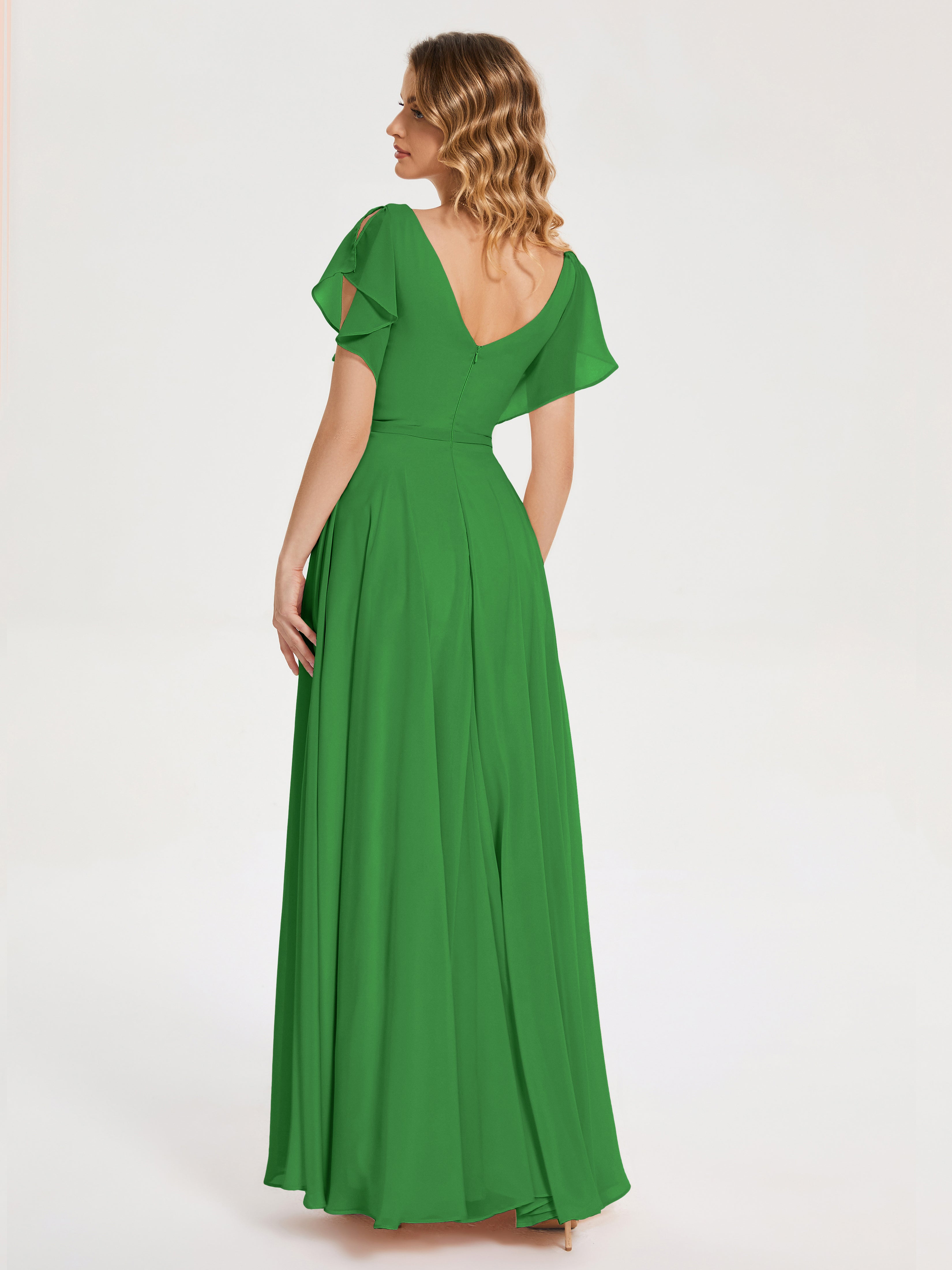 Robes De Demoiselle D'Honneur Vert Forêt Col V Fendue Mousseline Robes Demoiselle D'Honneur À Volants