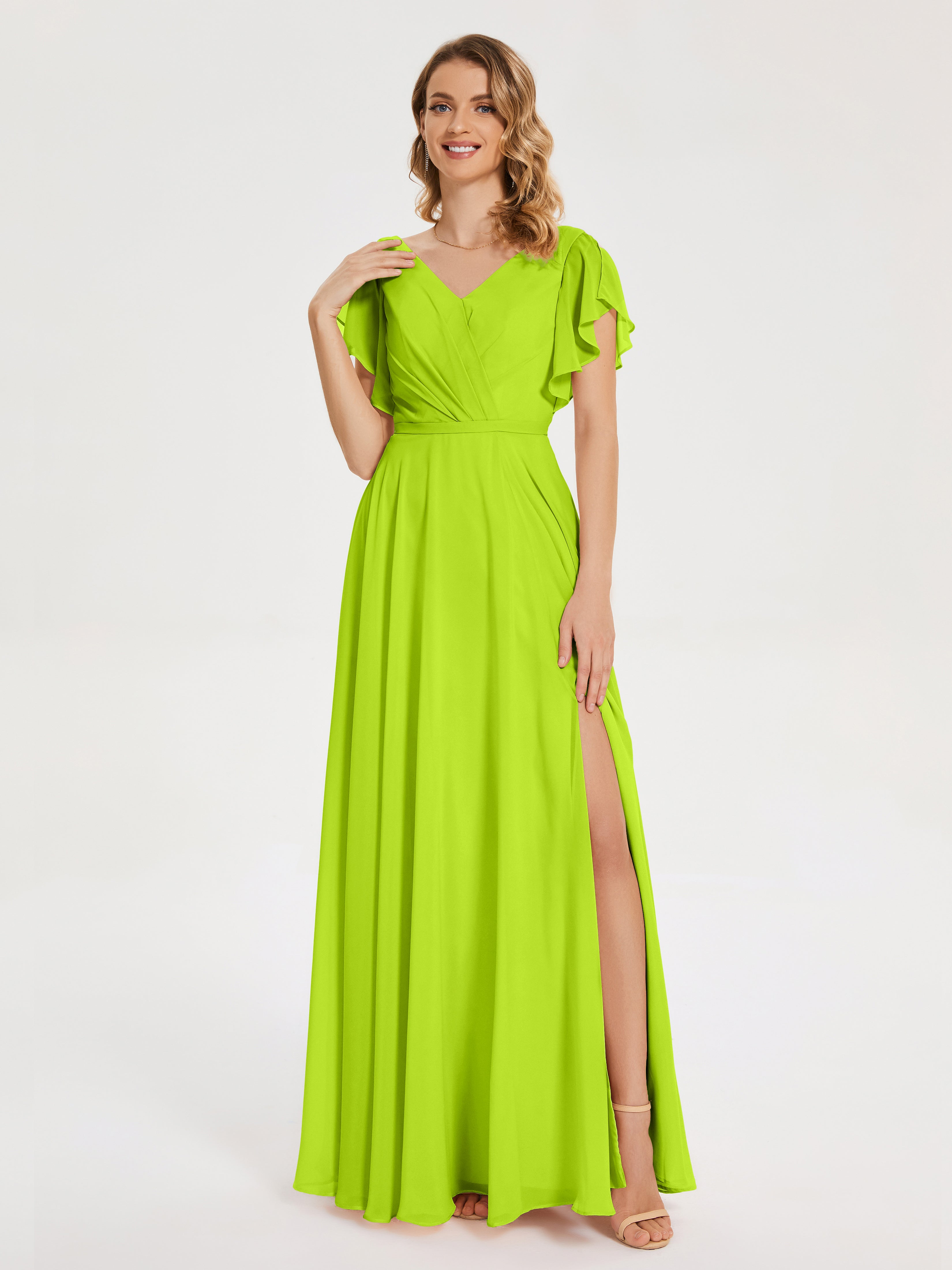 Robes De Demoiselle D'Honneur Vert Citron Col V Fendue Mousseline Robes Demoiselle D'Honneur À Volants