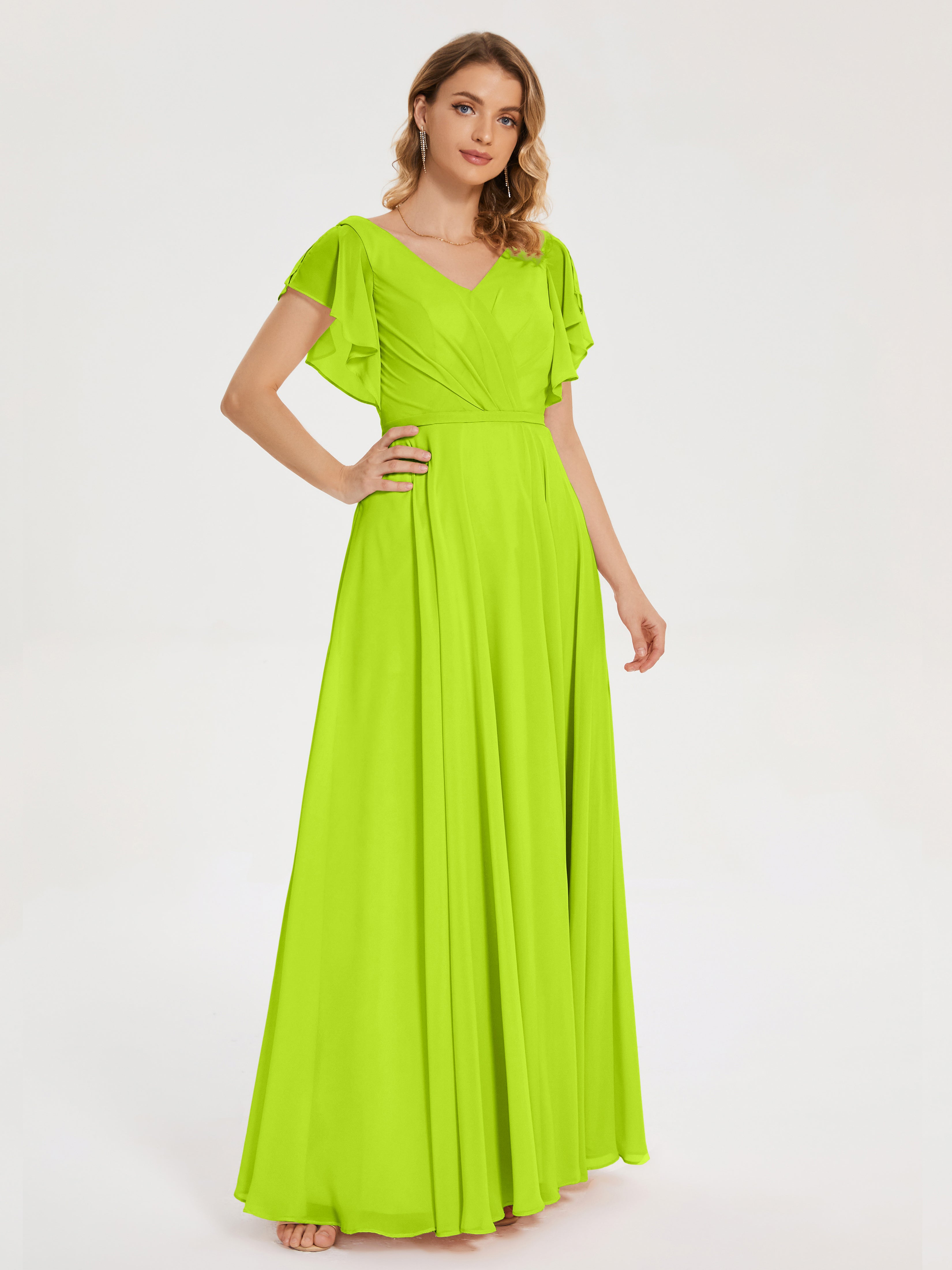 Robes De Demoiselle D'Honneur Vert Citron Col V Fendue Mousseline Robes Demoiselle D'Honneur À Volants