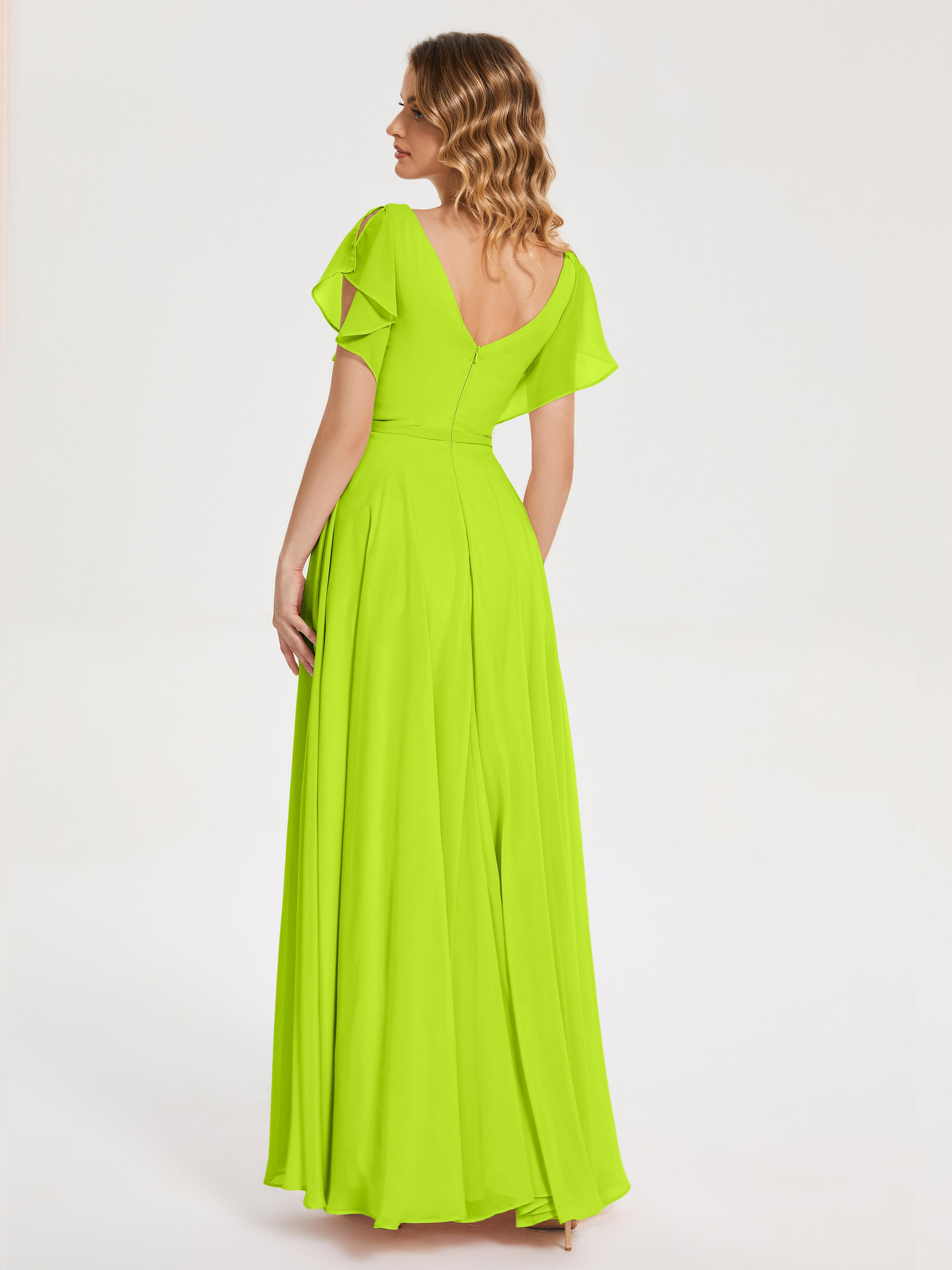 Robes De Demoiselle D'Honneur Vert Citron Col V Fendue Mousseline Robes Demoiselle D'Honneur À Volants
