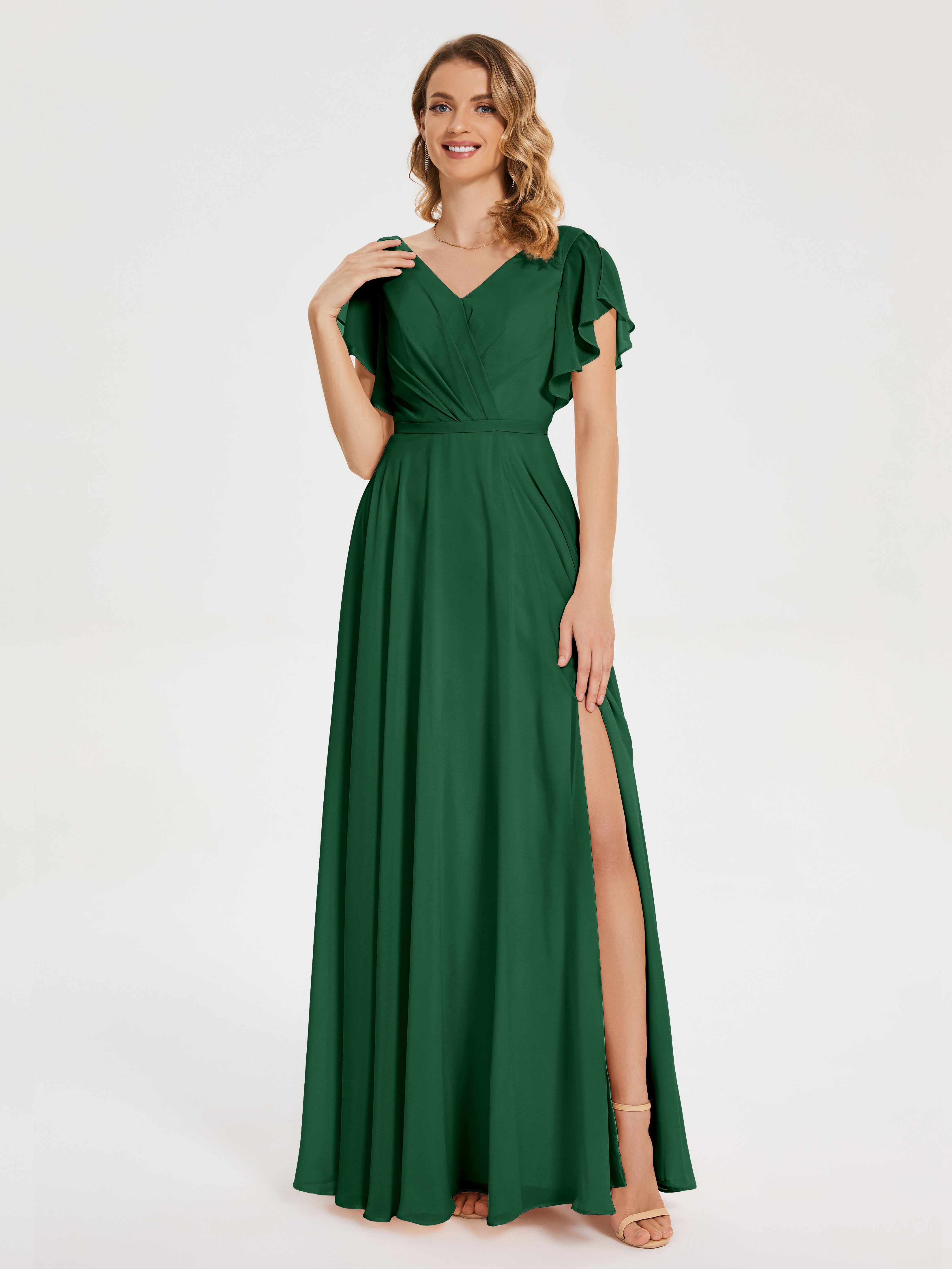 Demoiselle D'Honneur Vert Foncé Col V Fendue Mousseline Robes Demoiselle D'Honneur À Volants