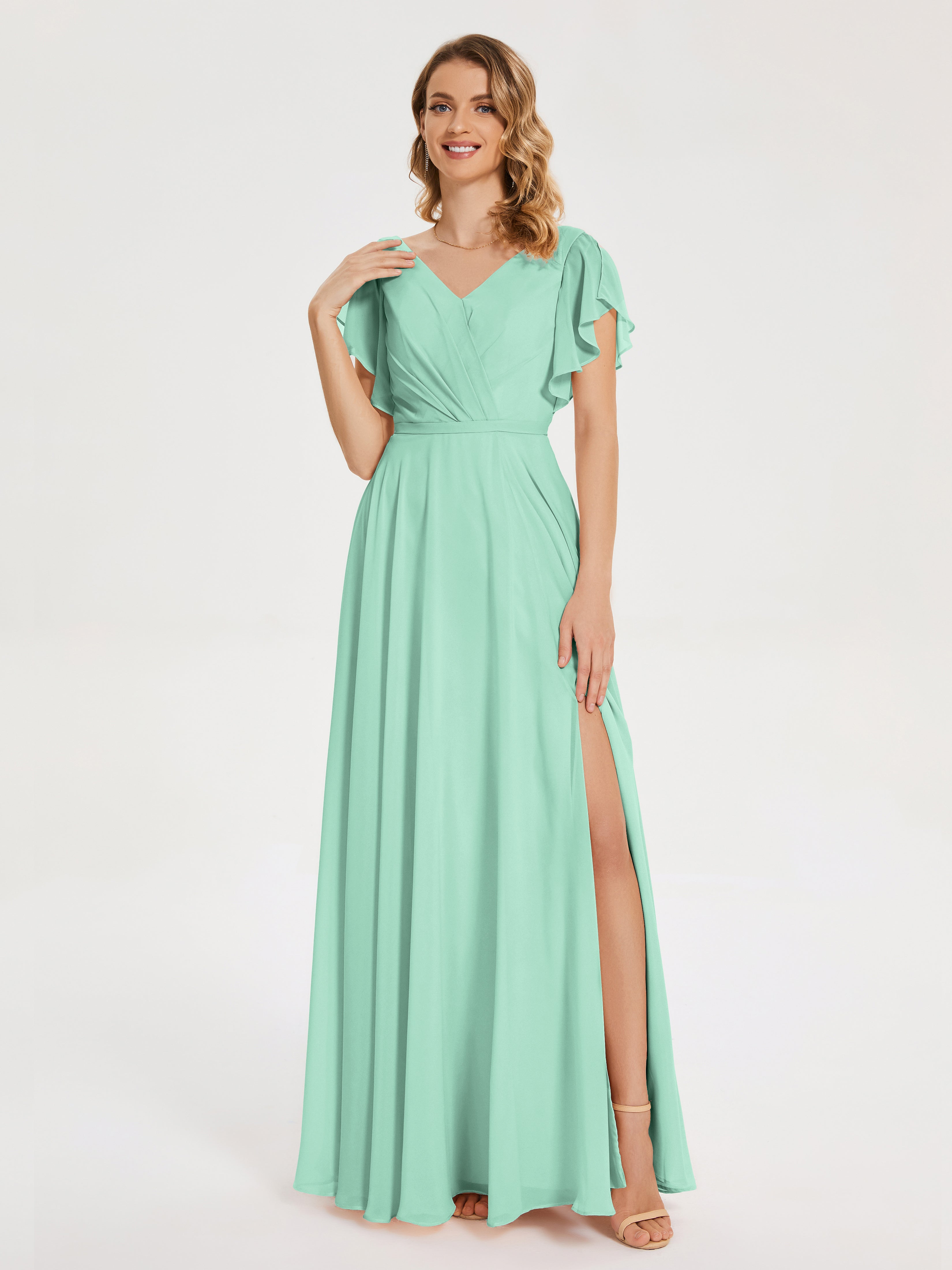 Robe Vert Menthe Demoiselle D Honneur Col V Fendue Mousseline Robes Demoiselle D'Honneur À Volants
