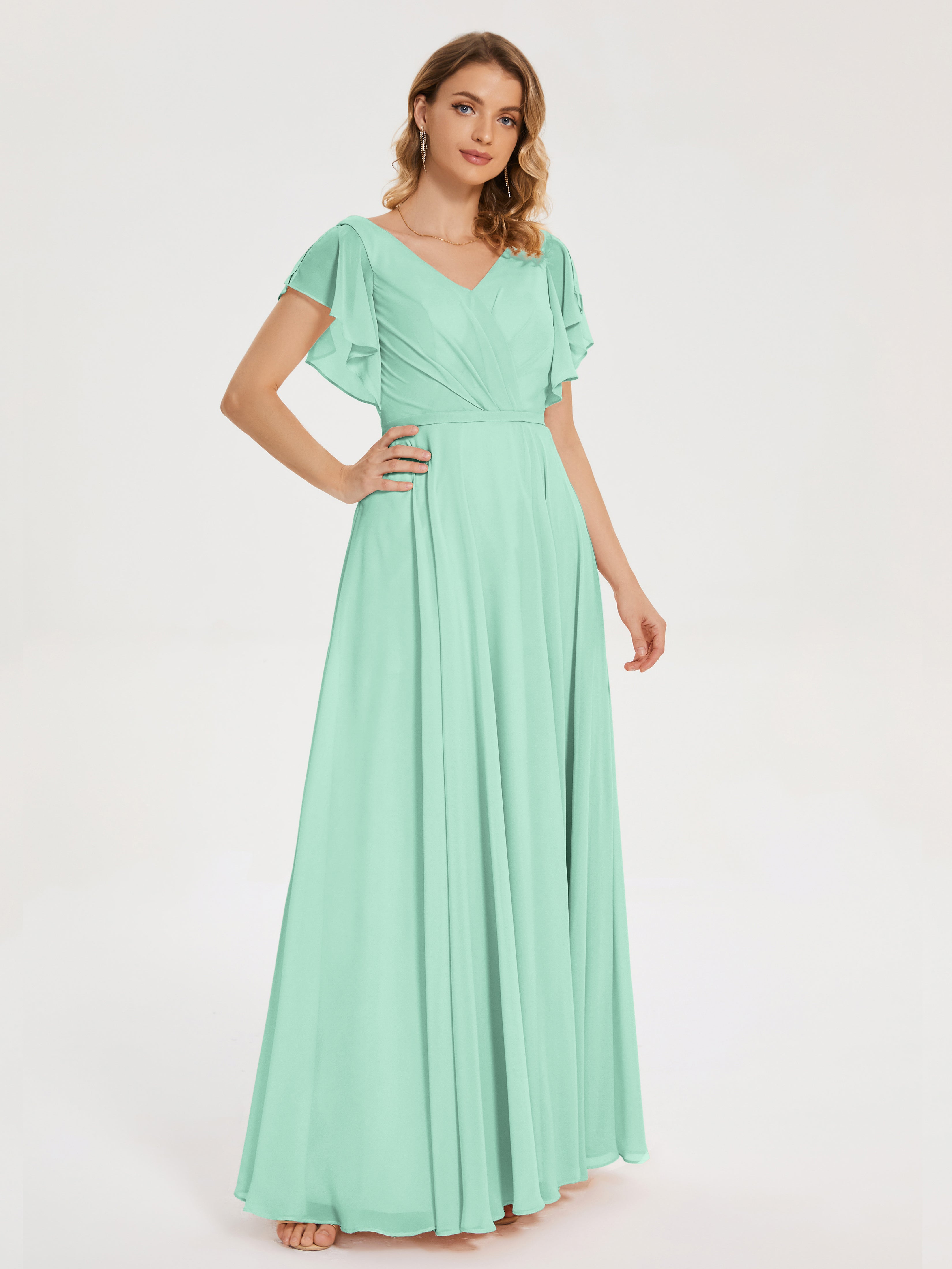 Robe Vert Menthe Demoiselle D Honneur Col V Fendue Mousseline Robes Demoiselle D'Honneur À Volants