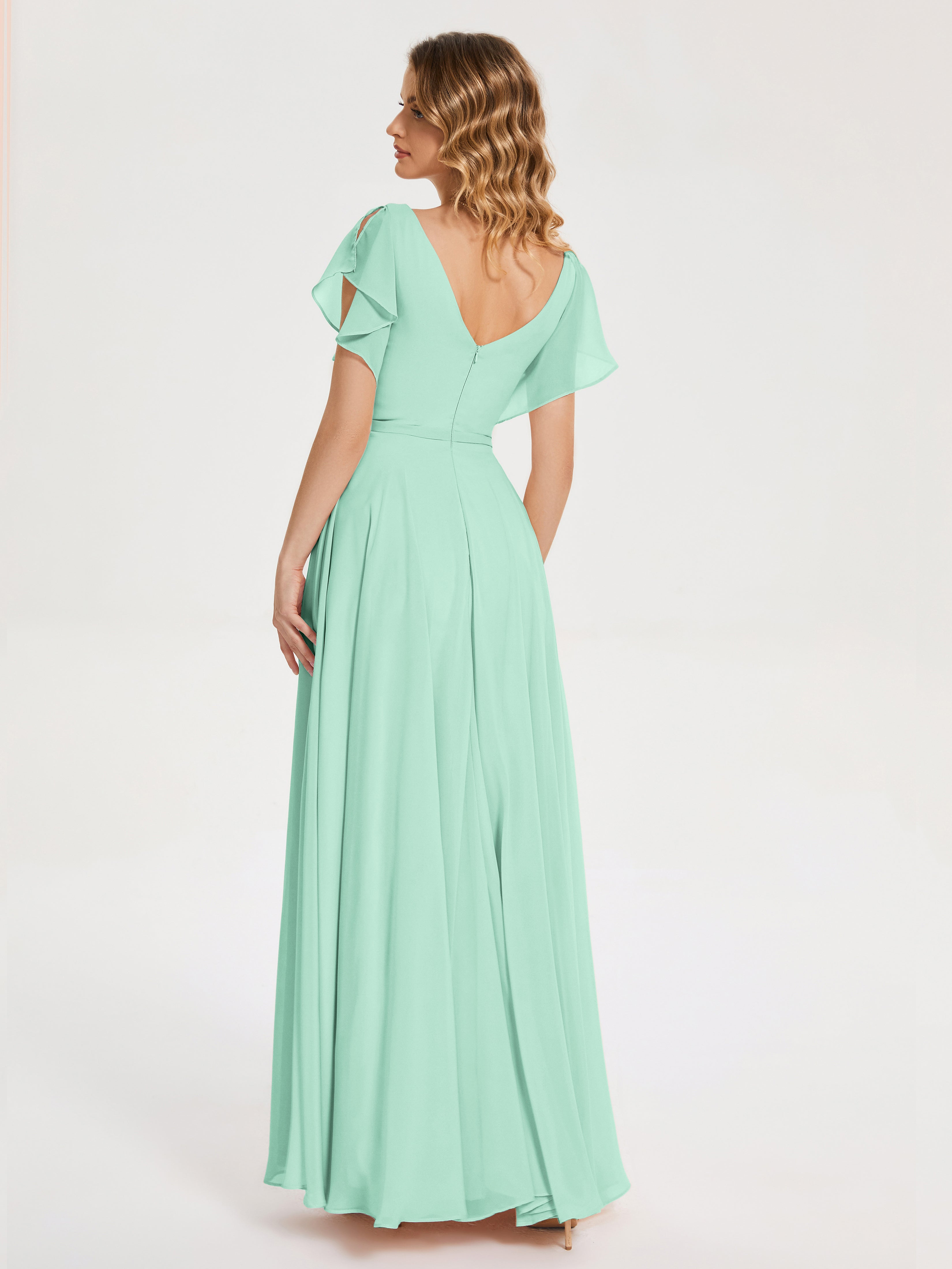 Robe Vert Menthe Demoiselle D Honneur Col V Fendue Mousseline Robes Demoiselle D'Honneur À Volants