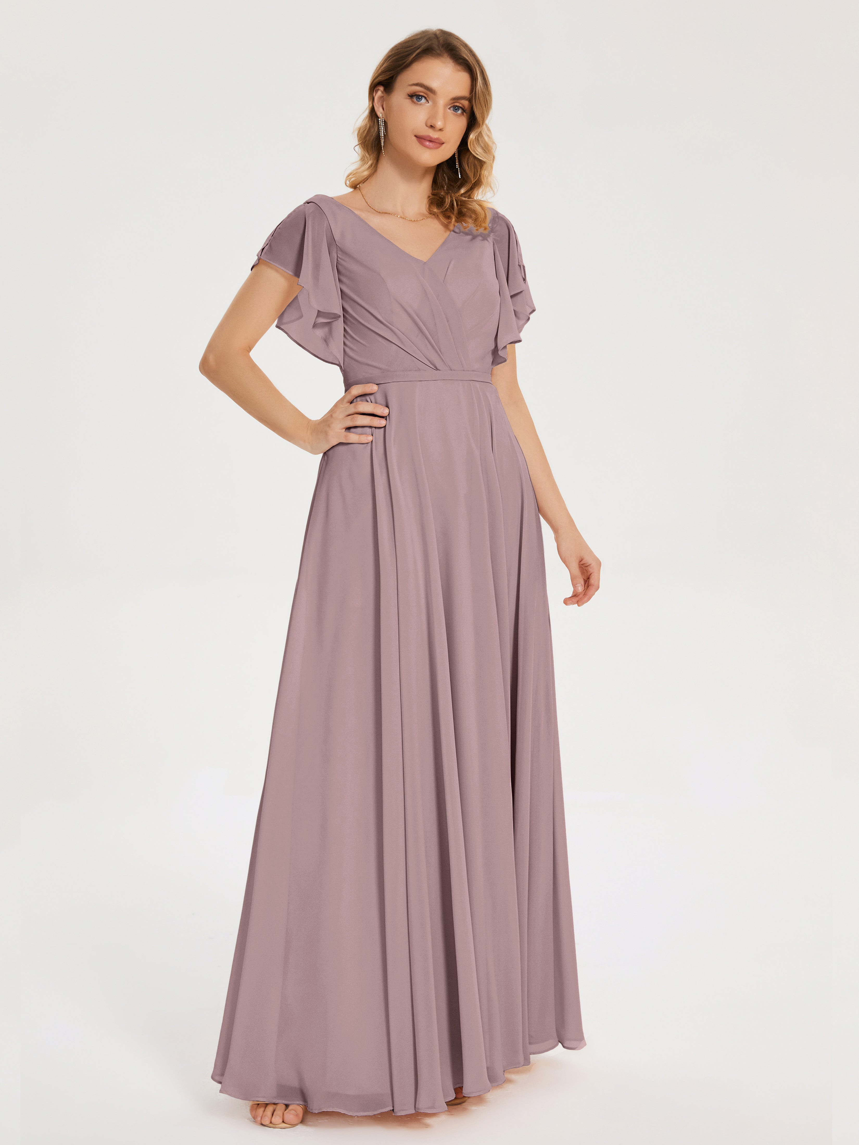 Robes De Demoiselle D'Honneur Vintage Mauve Col V Fendue Mousseline Robes Demoiselle D'Honneur À Volants