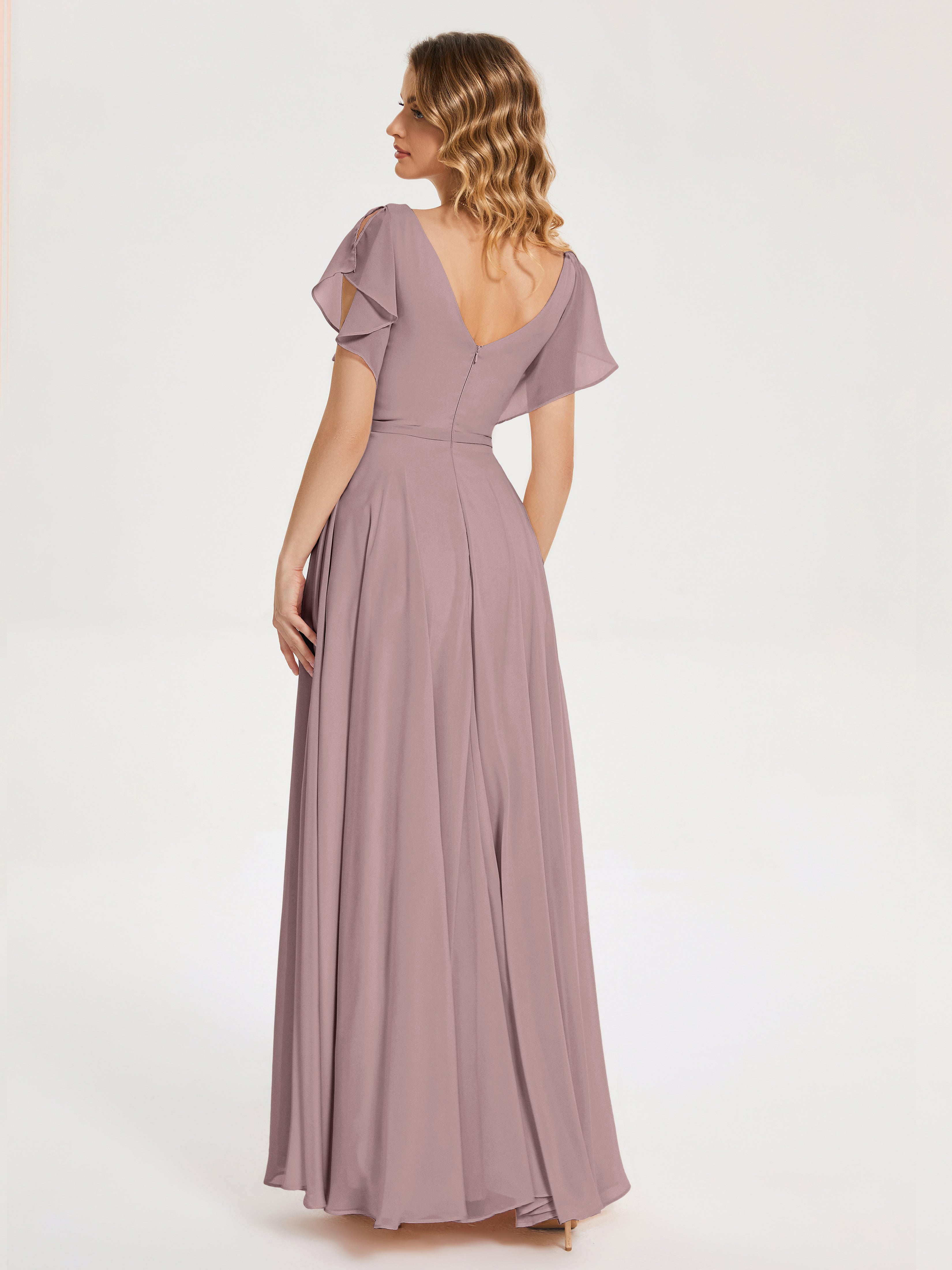 Robes De Demoiselle D'Honneur Vintage Mauve Col V Fendue Mousseline Robes Demoiselle D'Honneur À Volants