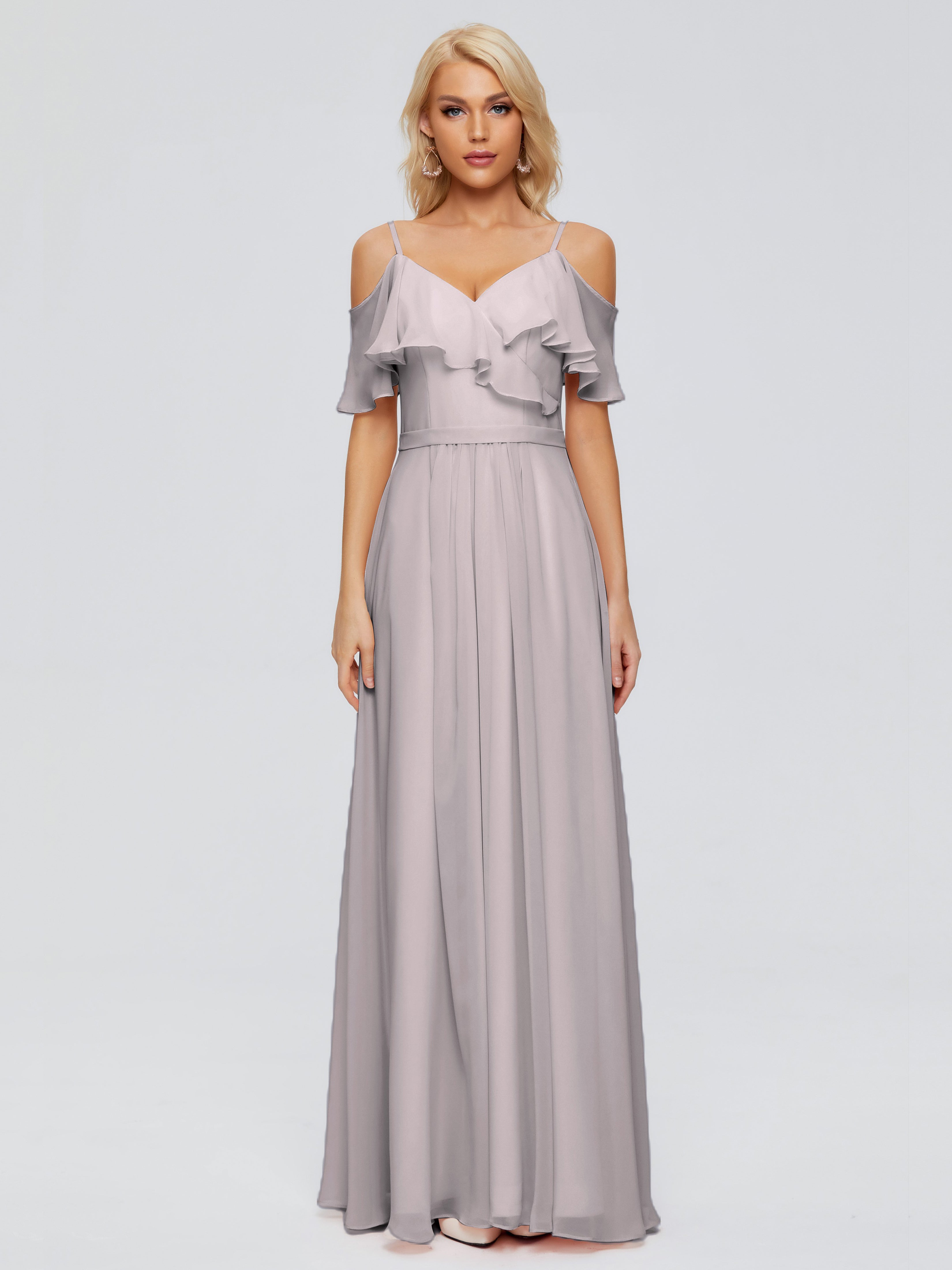 Robes De Demoiselle D'Honneur En Argent Col V Robes Demoiselle D'Honneur À Volants