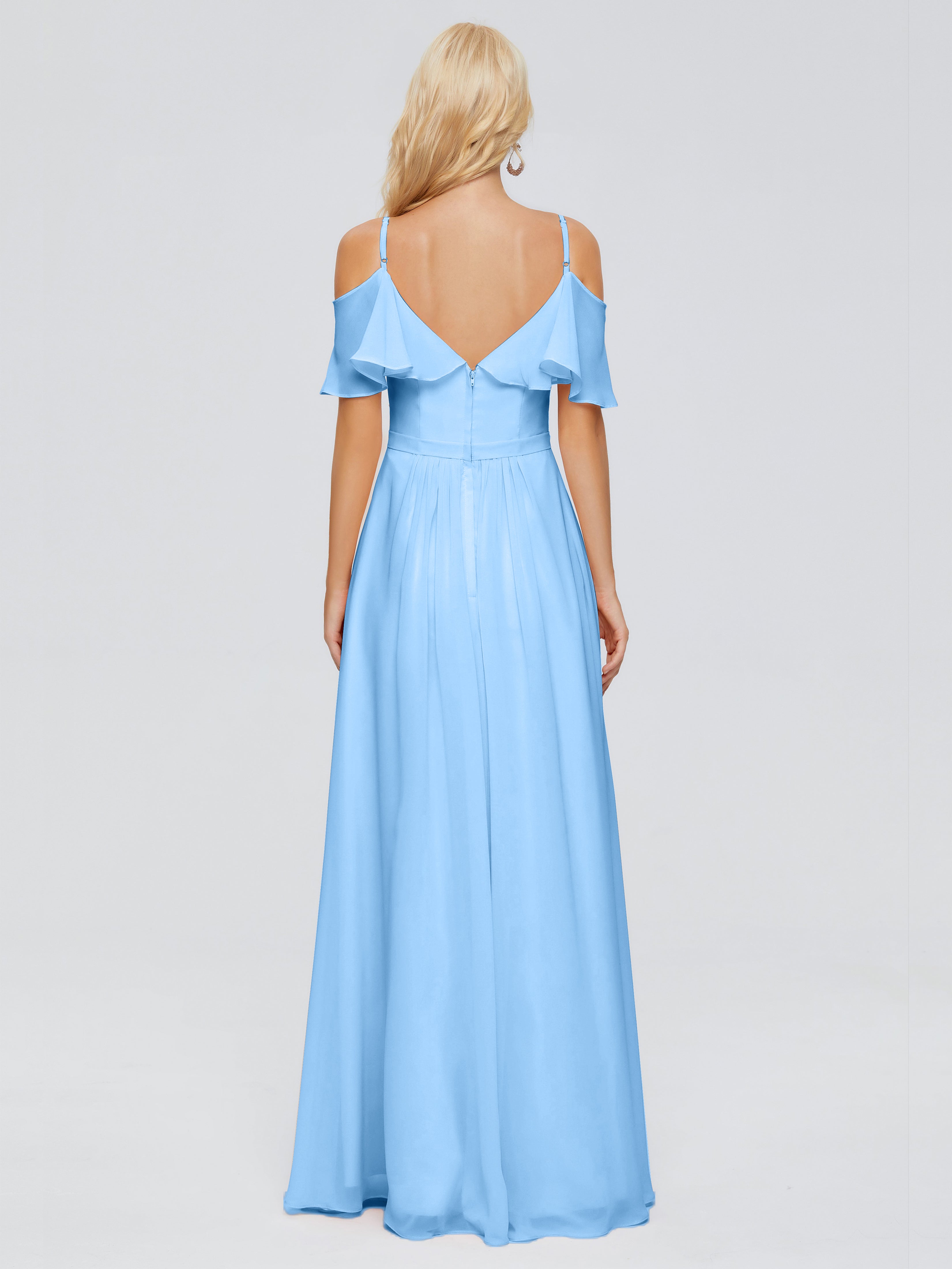 Robes De Demoiselle D'Honneur Bleues Longues Col V Robes Demoiselle D'Honneur À Volants