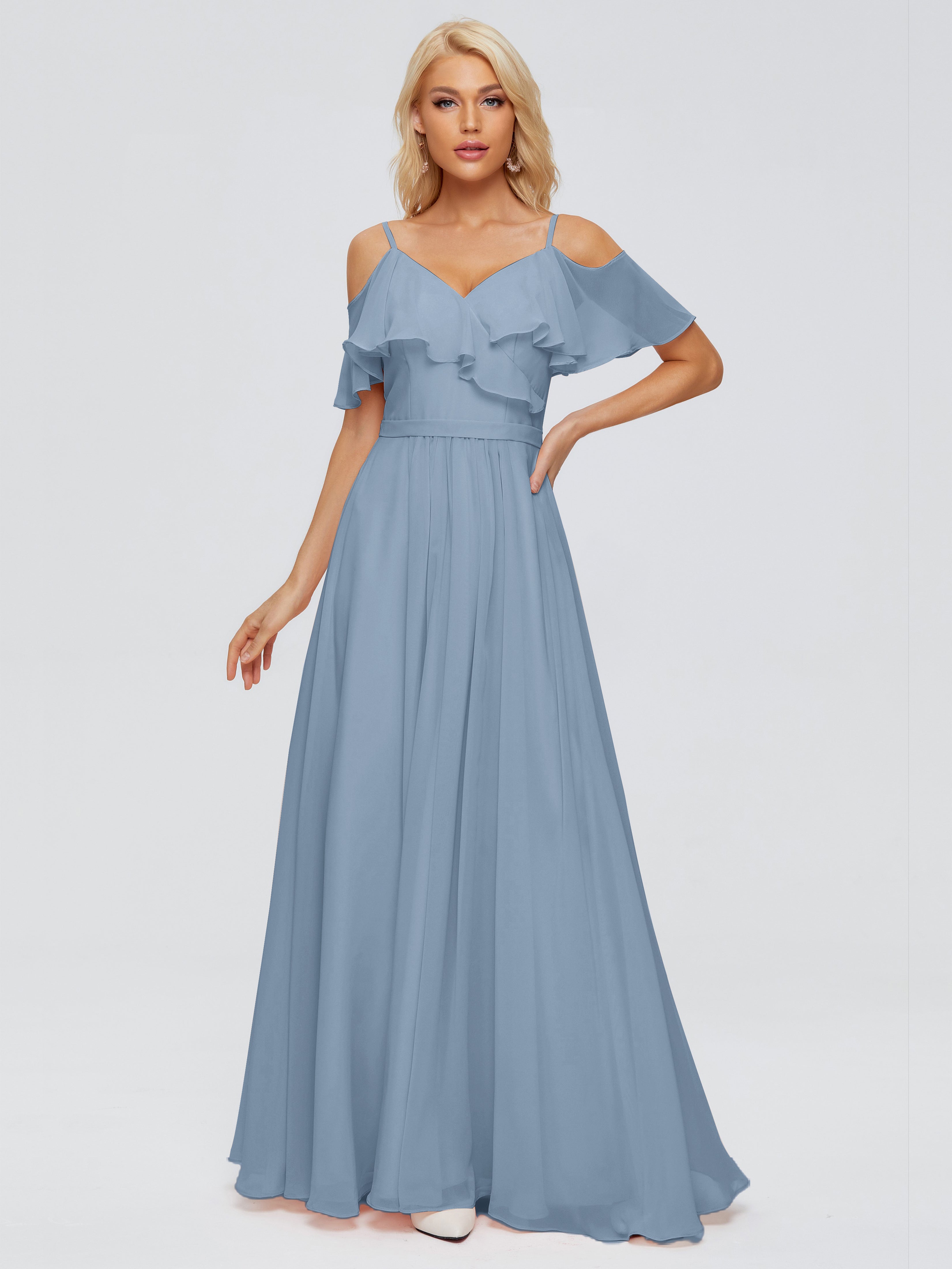 Robes De Demoiselle D'Honneur Bleu De Schiste Col V Robes Demoiselle D'Honneur À Volants