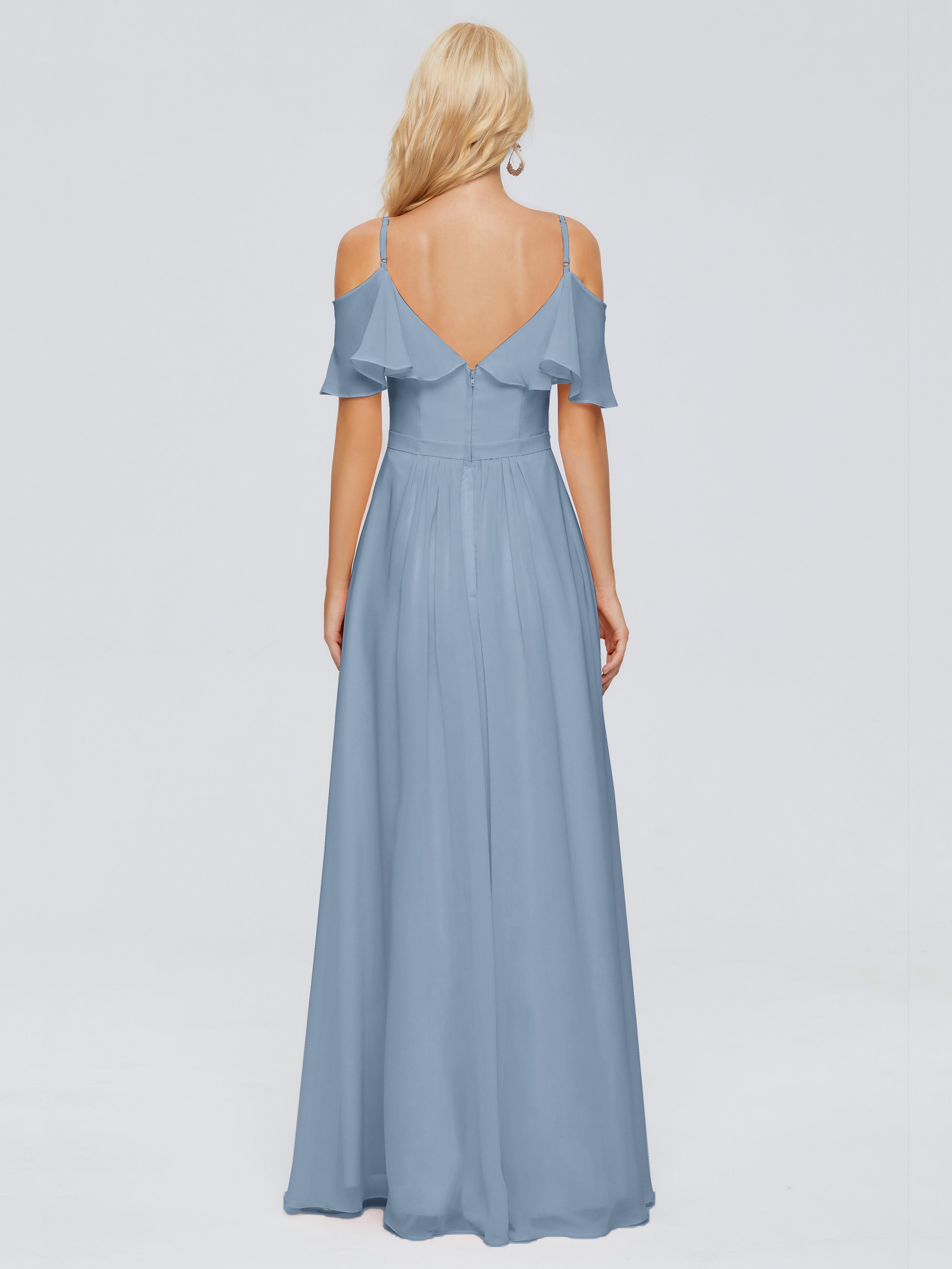 Robes De Demoiselle D'Honneur Bleu De Schiste Col V Robes Demoiselle D'Honneur À Volants