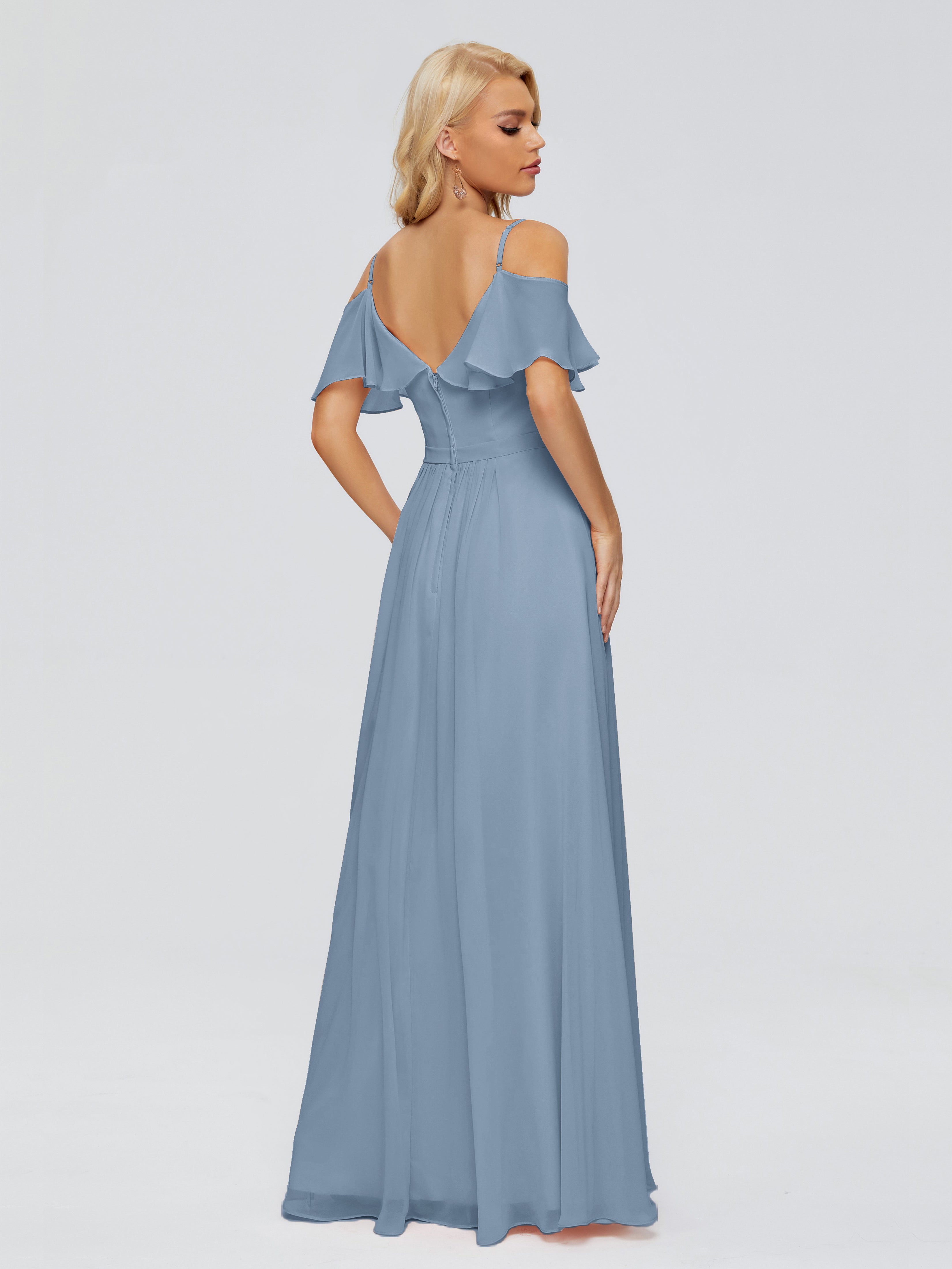 Robes De Demoiselle D'Honneur Bleu De Schiste Col V Robes Demoiselle D'Honneur À Volants