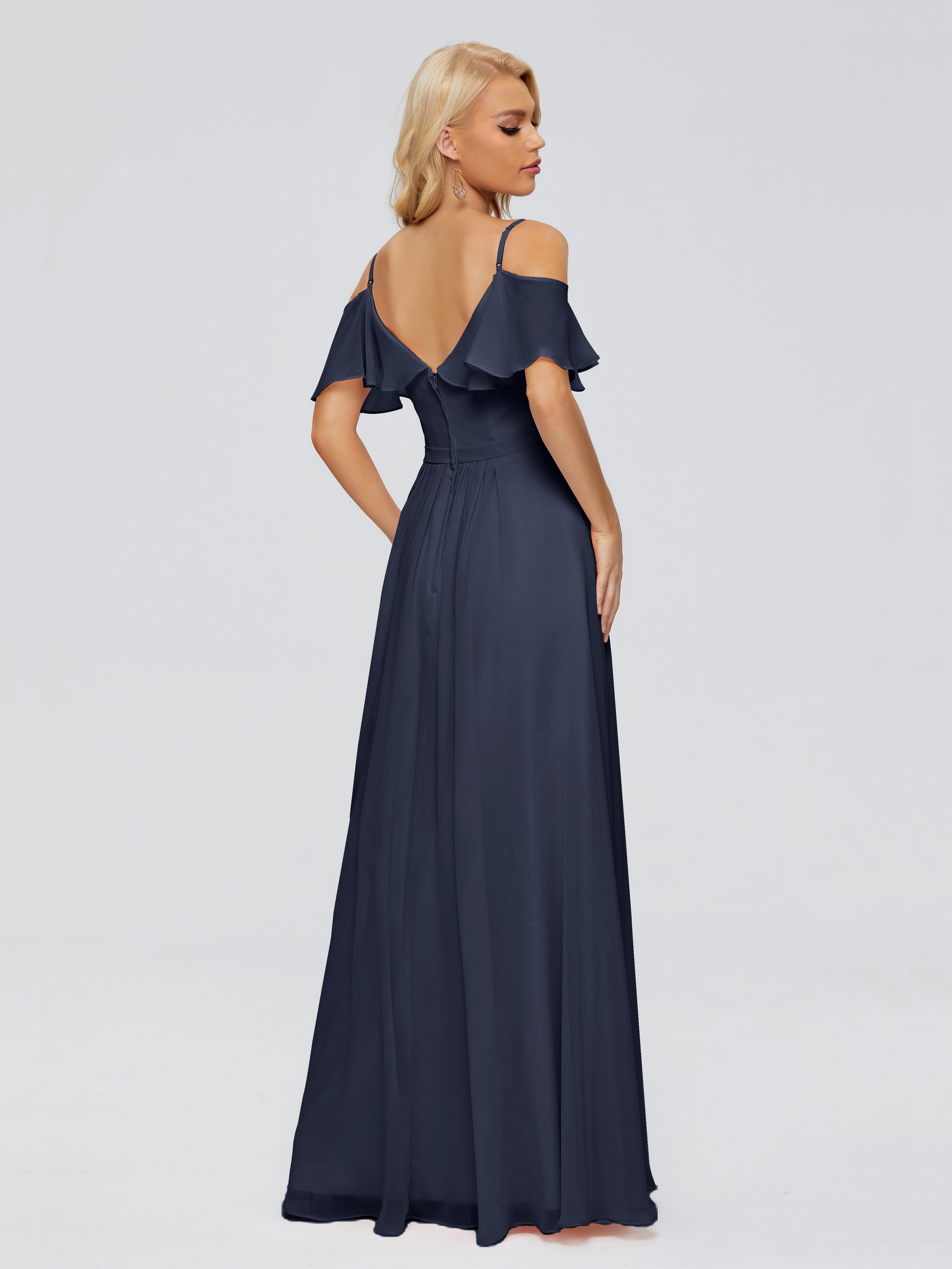 Longues Robes De Demoiselle D'Honneur Bleu Marine Col V Robes Demoiselle D'Honneur À Volants