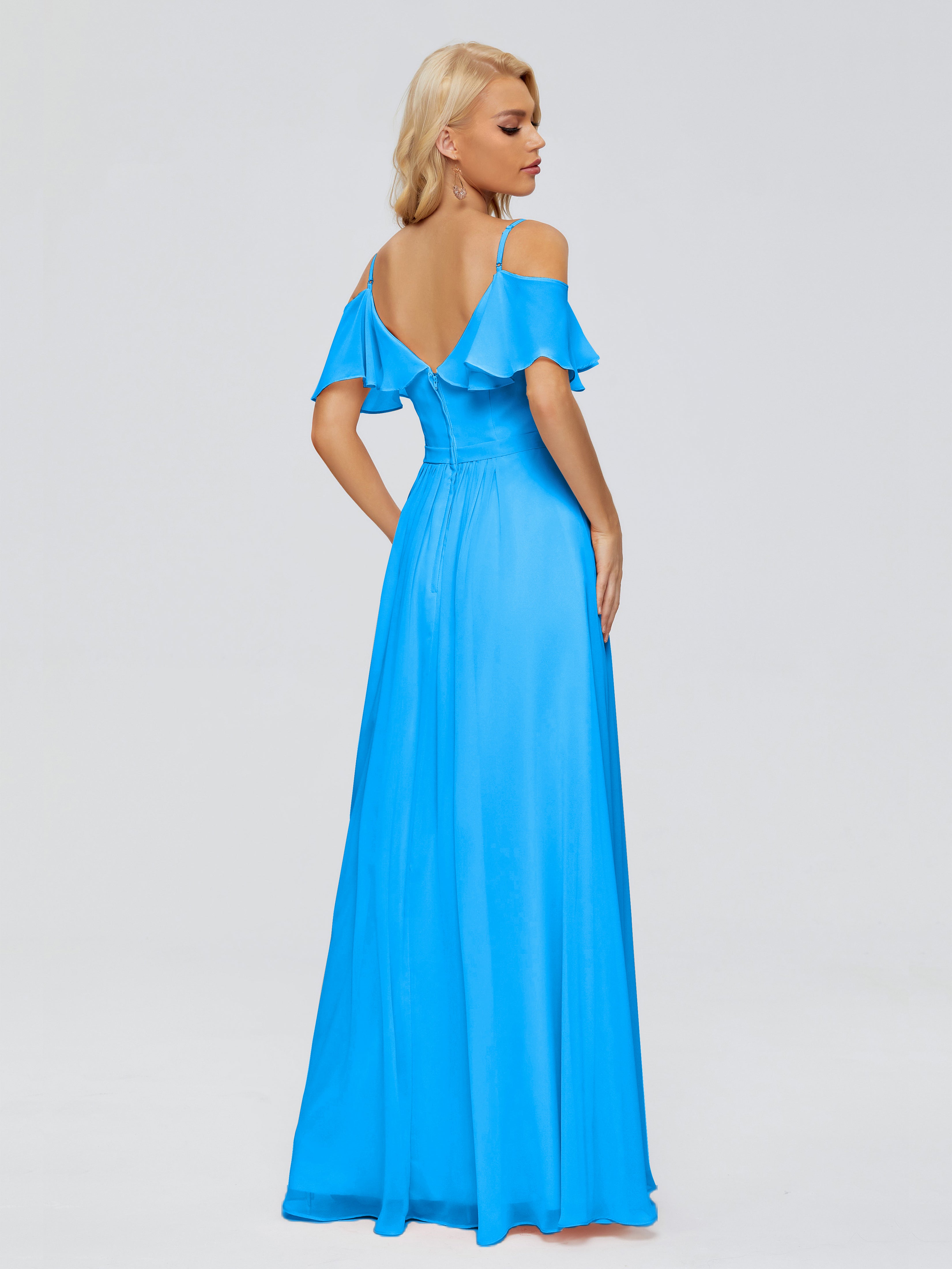 Robes De Demoiselle D'Honneur Bleu Océan Col V Robes Demoiselle D'Honneur À Volants