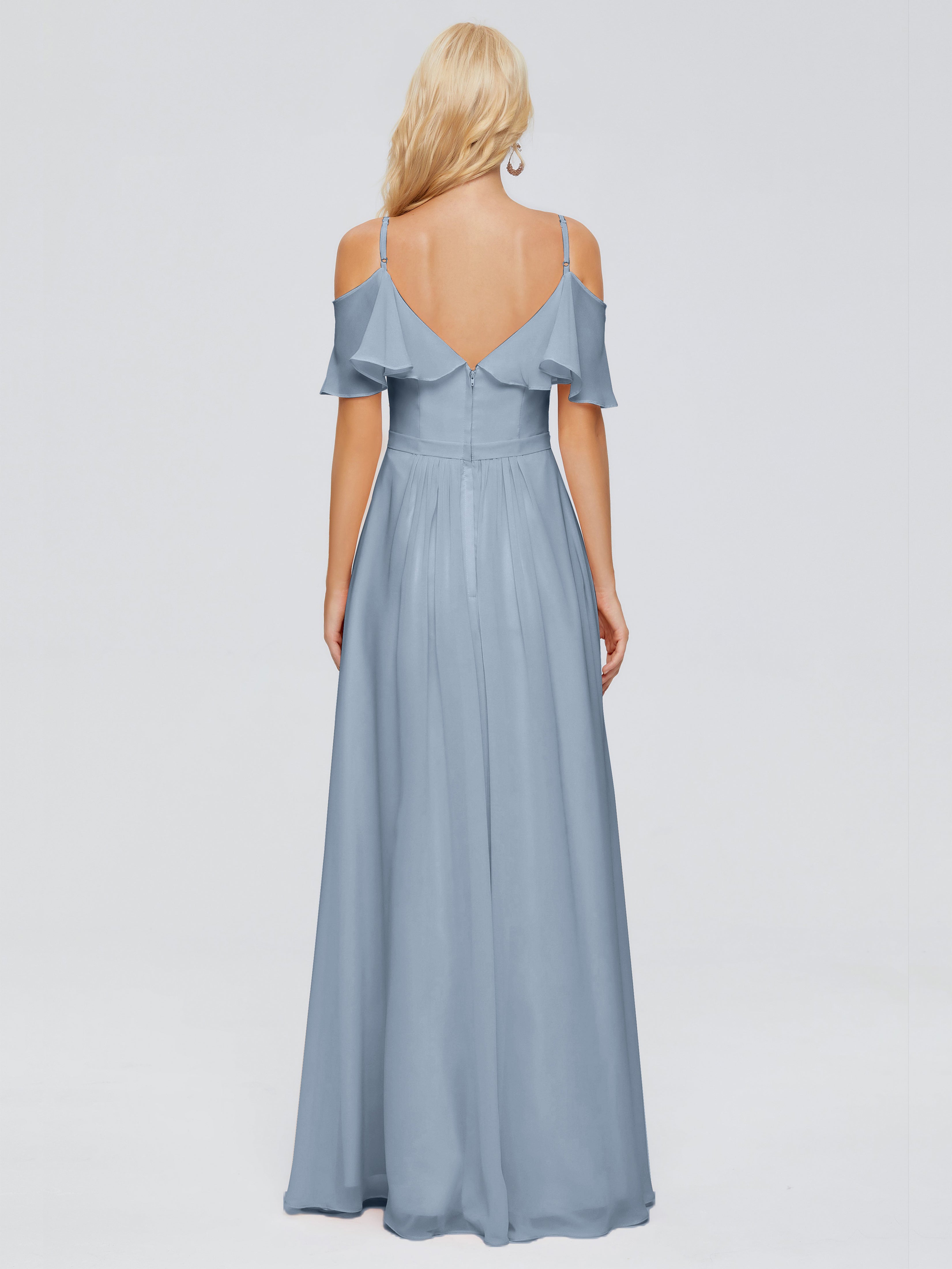 Robes De Demoiselle D'Honneur Bleu Poussiéreux Col V Robes Demoiselle D'Honneur À Volants