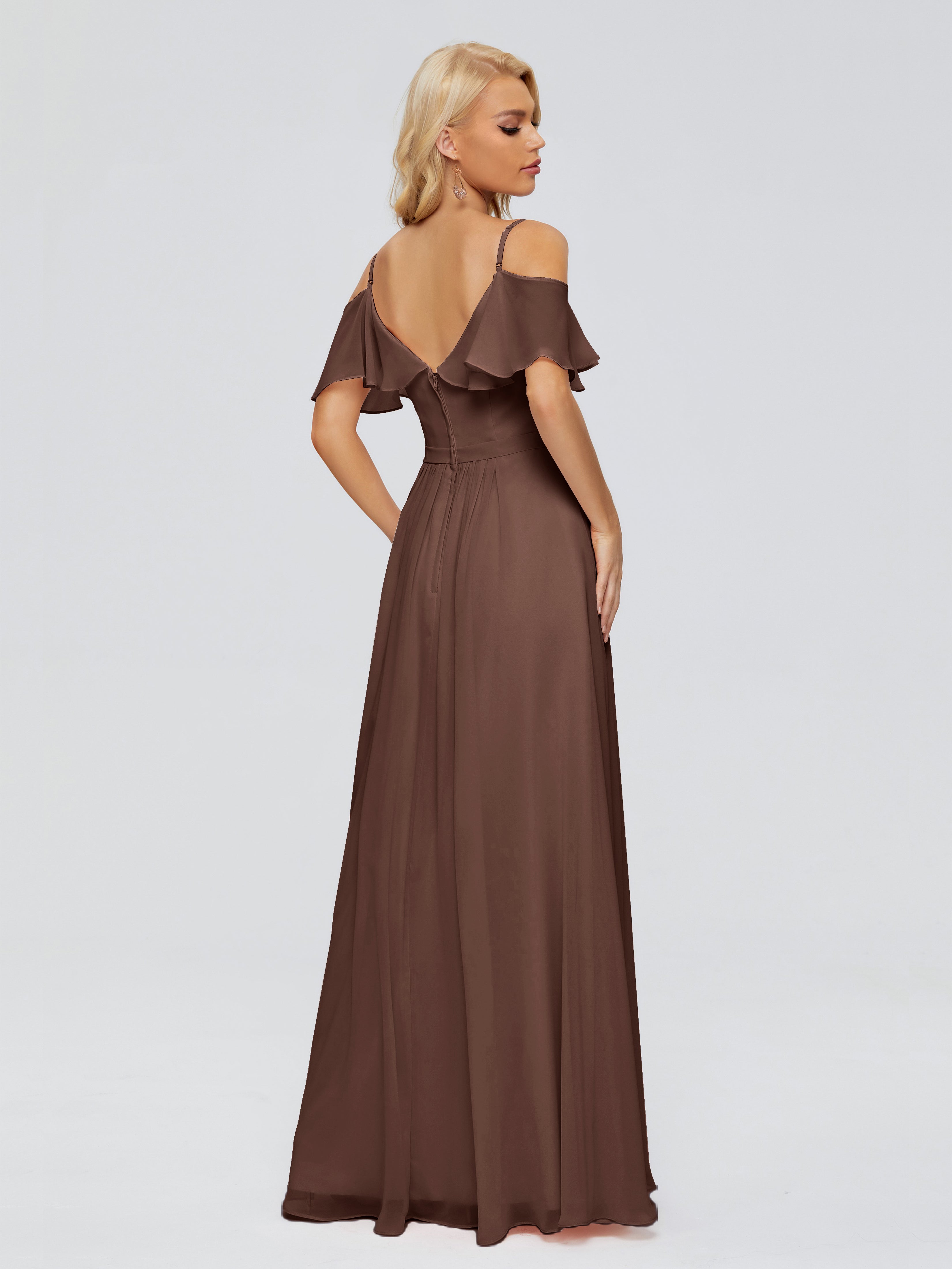 Robe De Demoiselle D Honneur Chocolat Col V Robes Demoiselle D'Honneur À Volants