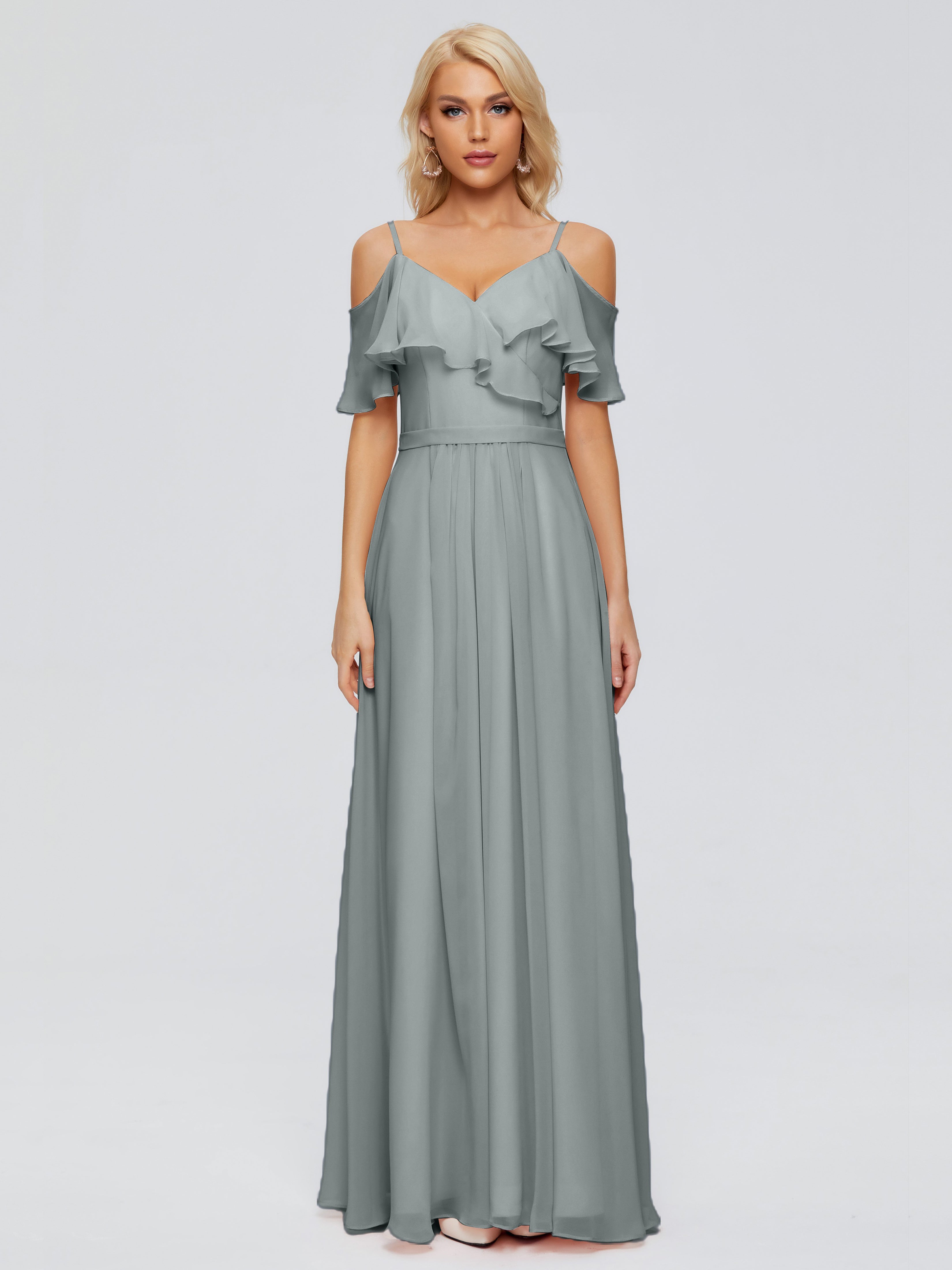 Robe Demoiselle D Honneur Gris Argenté Col V Robes Demoiselle D'Honneur À Volants