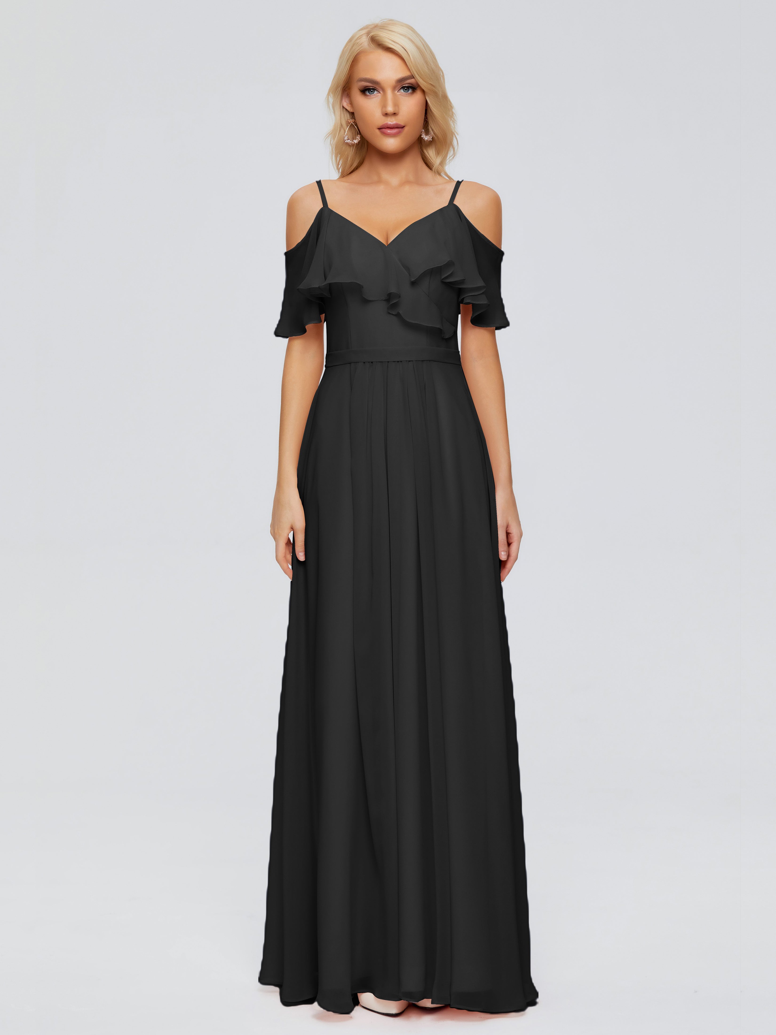 Demoiselle D Honneur Noir Col V Robes Demoiselle D'Honneur À Volants