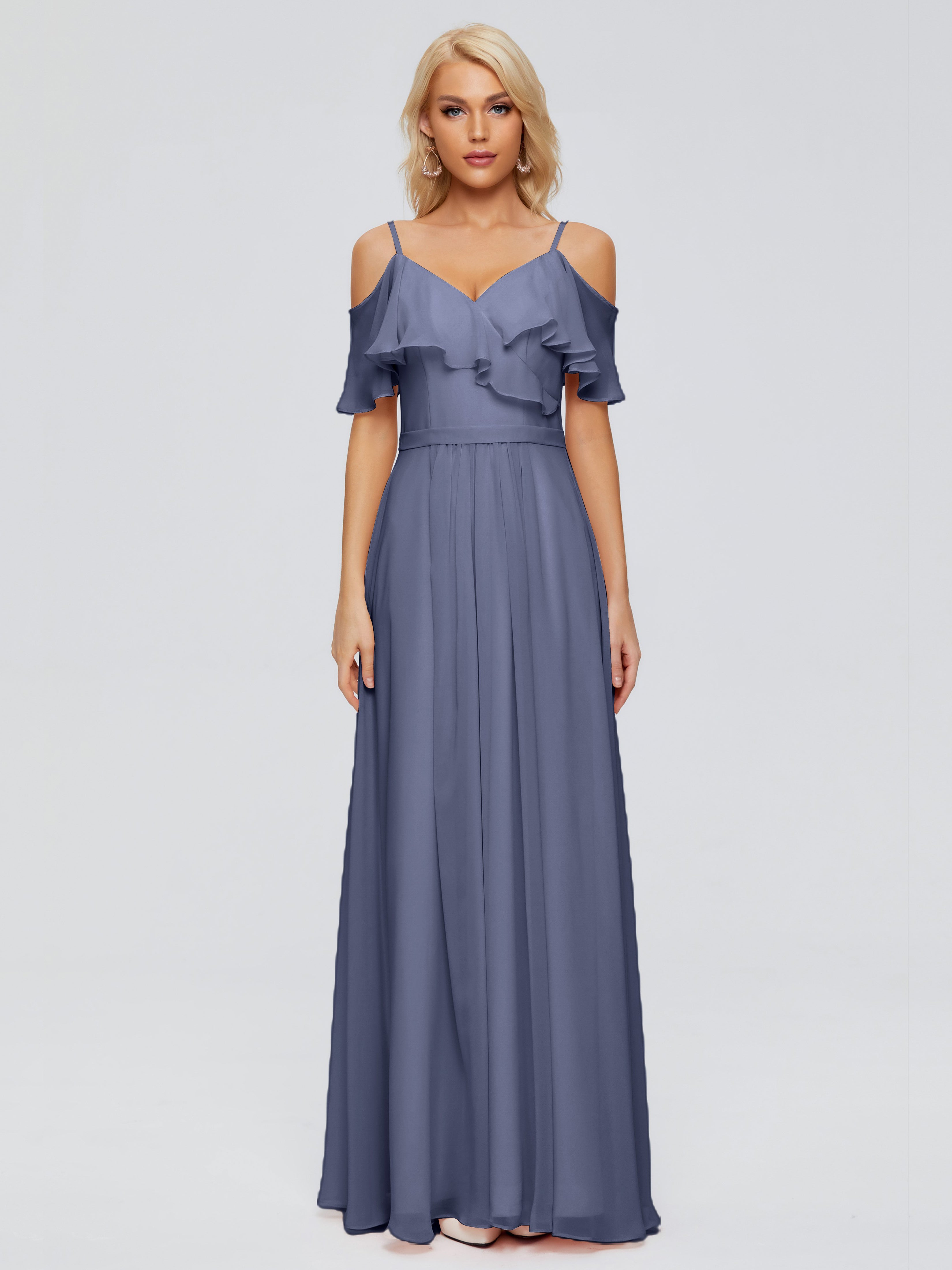 Robes De Demoiselle D'Honneur Bleu Orageux Col V Robes Demoiselle D'Honneur À Volants