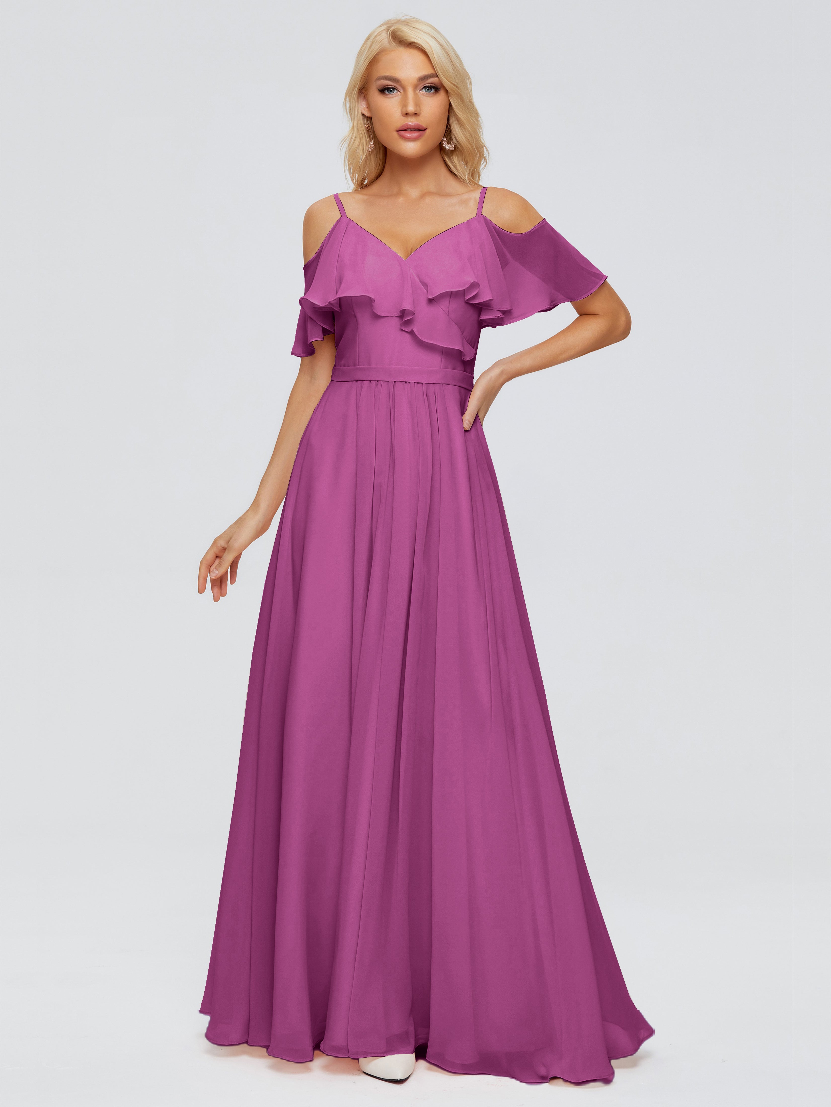 Robes De Demoiselle D'Honneur Orchidée Col V Robes Demoiselle D'Honneur À Volants