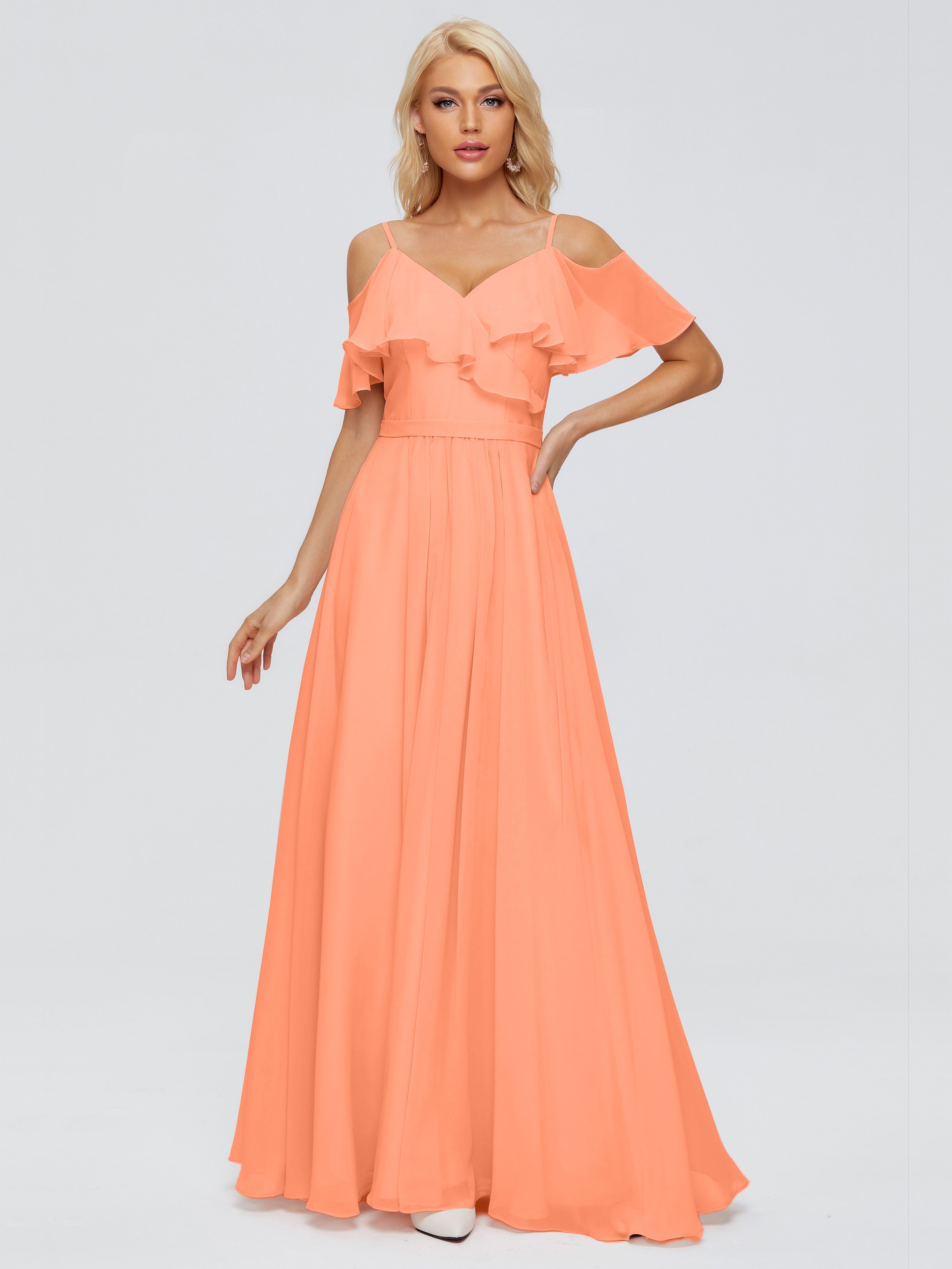 Robes De Demoiselle D'Honneur Papaye Col V Robes Demoiselle D'Honneur À Volants