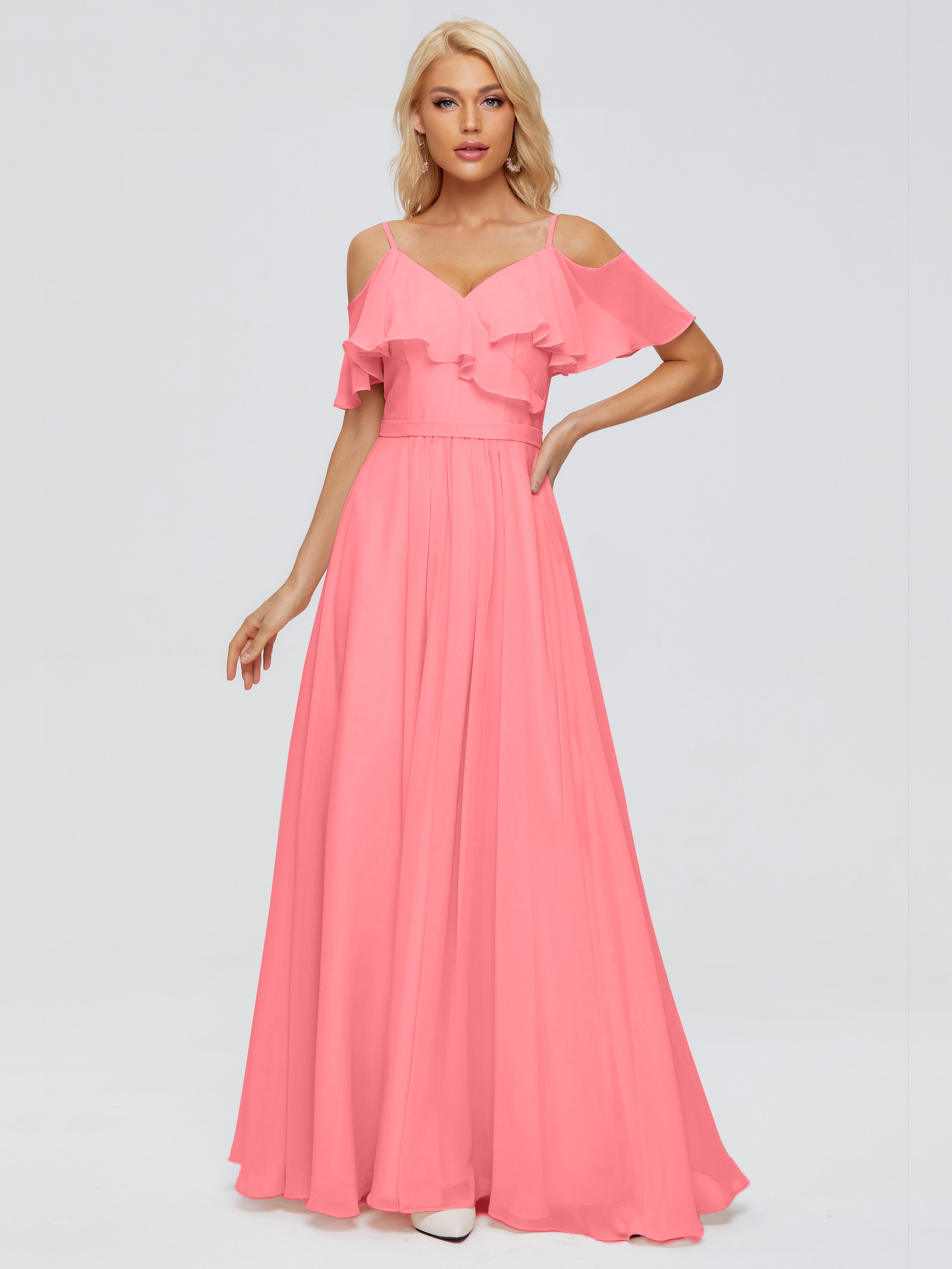 Robes De Demoiselle D'Honneur Pastèque Col V Robes Demoiselle D'Honneur À Volants