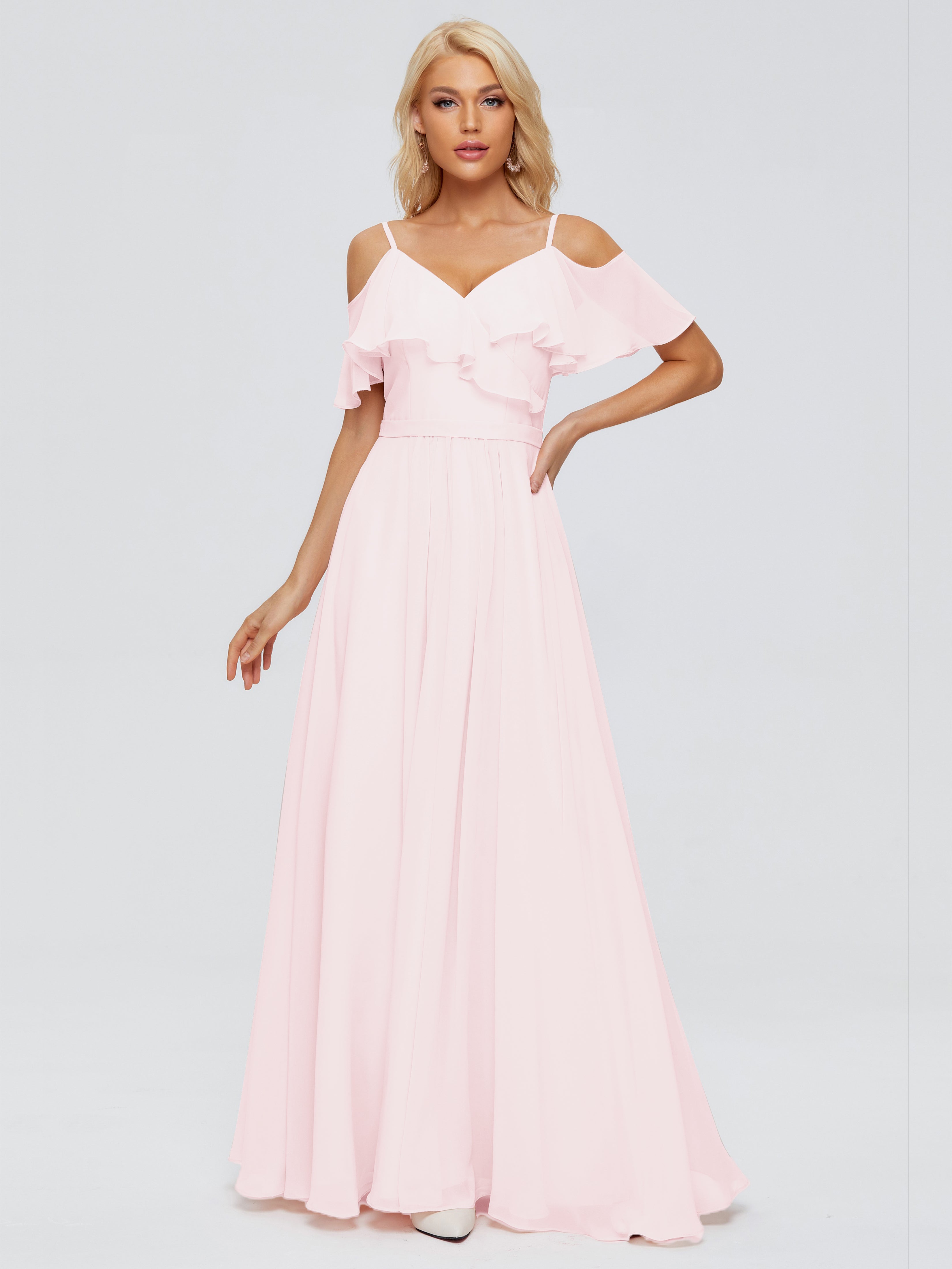 Robes Demoiselles D Honneur Rose Pale Col V Robes Demoiselle D'Honneur À Volants