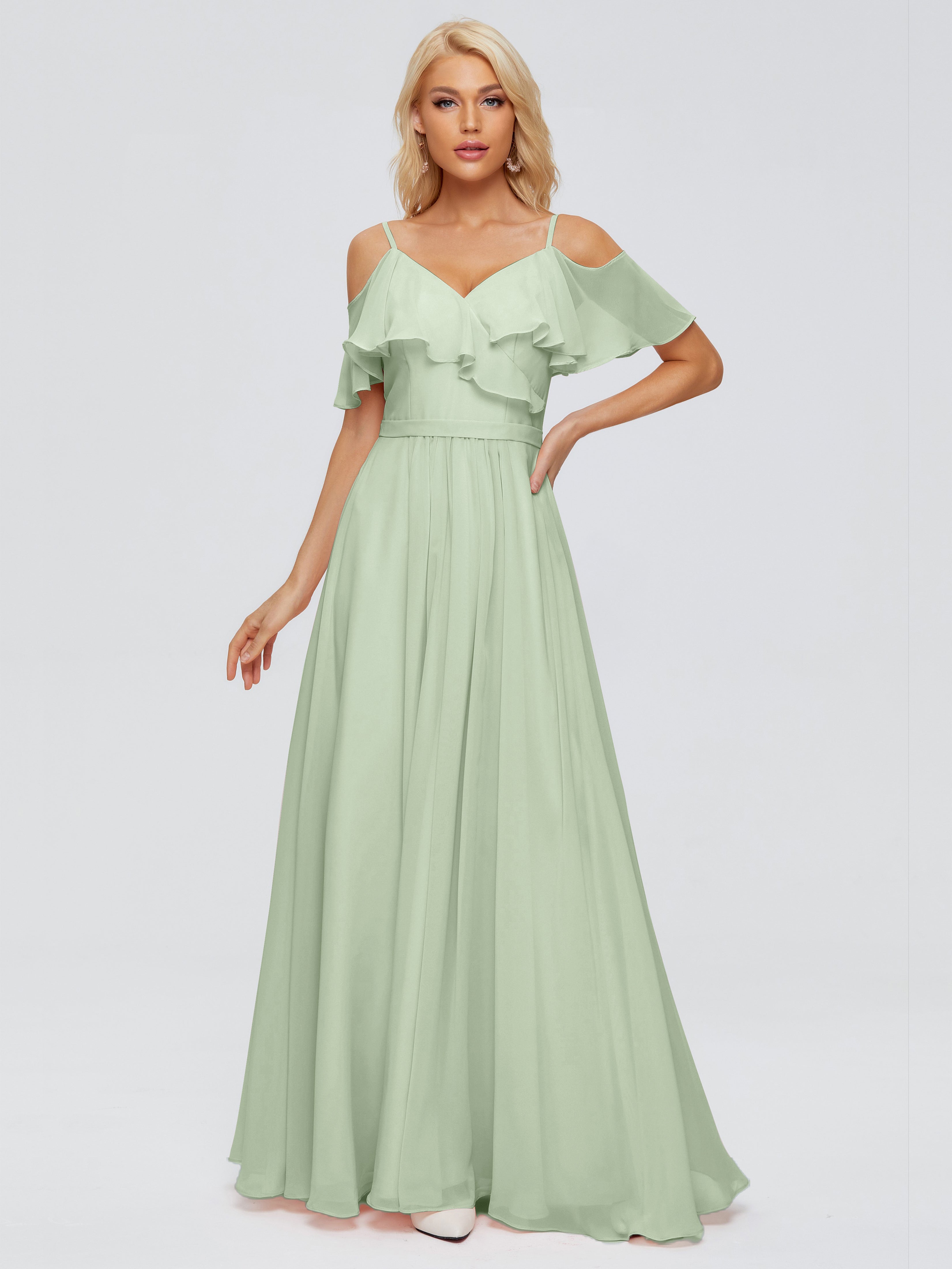 Robe De Demoiselle D'Honneur En Mousseline De Sauge Poussiéreuse Col V Robes Demoiselle D'Honneur À Volants