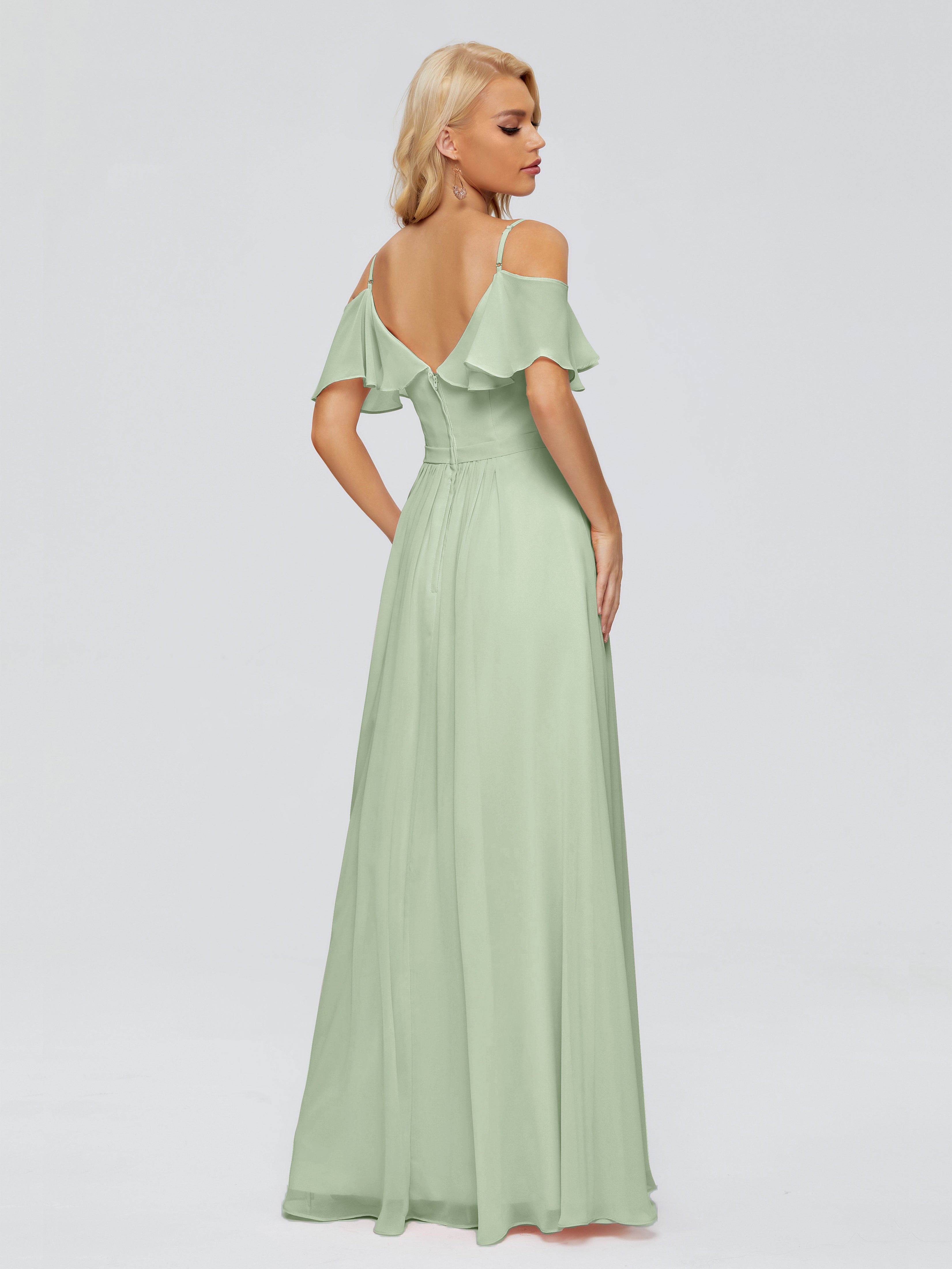 Robe De Demoiselle D'Honneur En Mousseline De Sauge Poussiéreuse Col V Robes Demoiselle D'Honneur À Volants