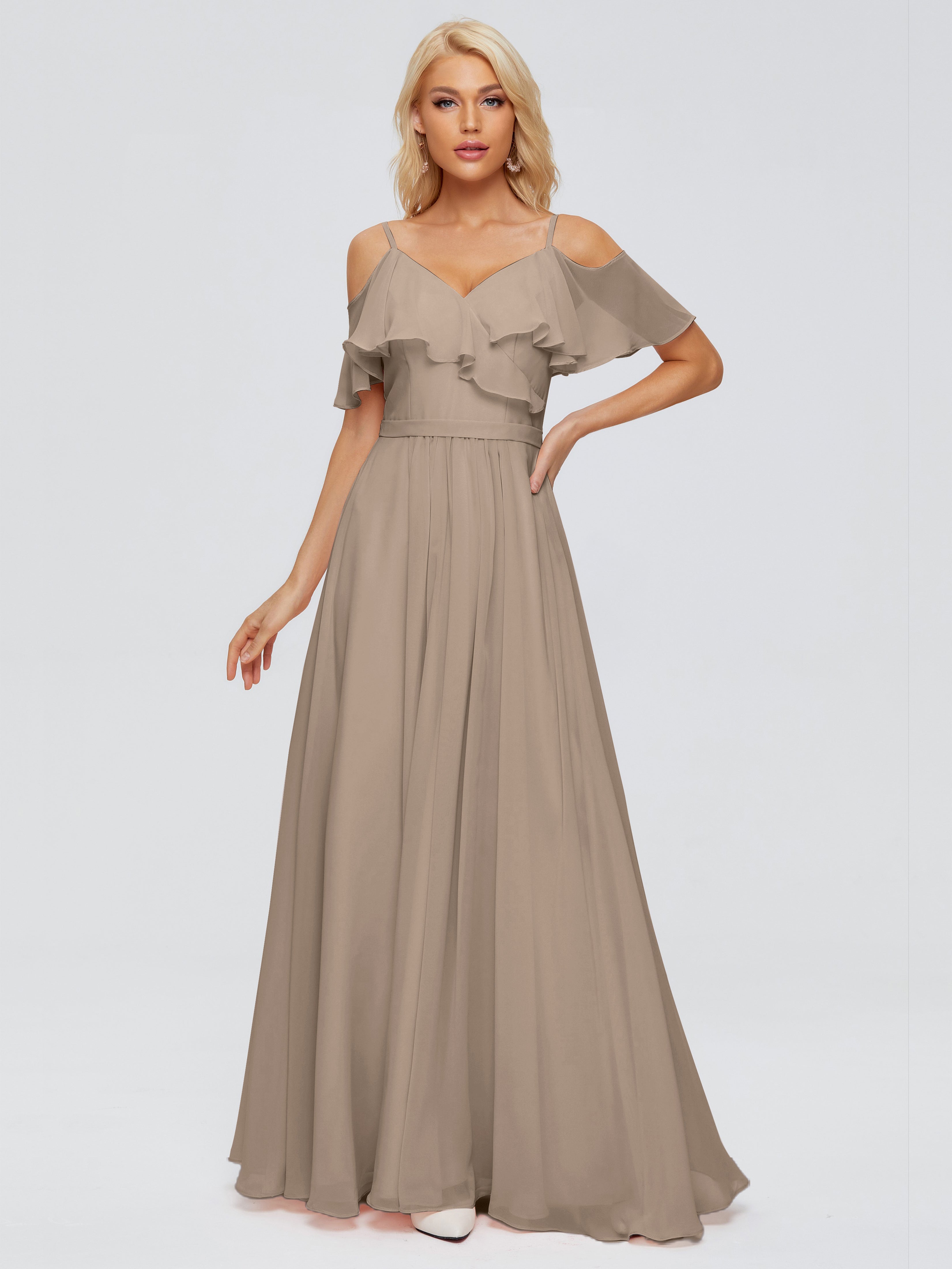 Robe Demoiselle D Honneur Taupe Col V Robes Demoiselle D'Honneur À Volants