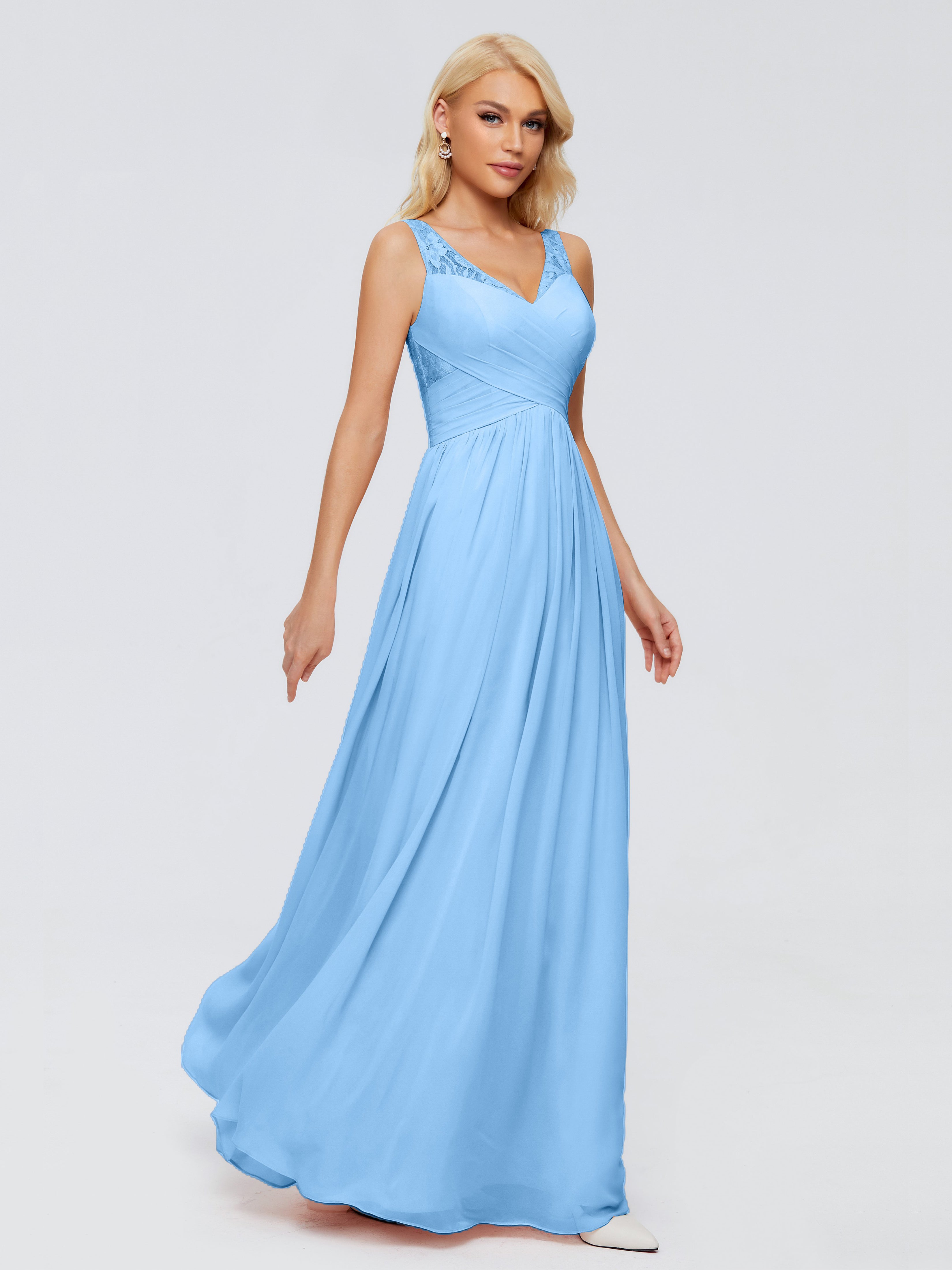 Robes De Demoiselle D'Honneur Bleu Clair Trapèze Bretelle Dentelle Mousseline Robes Demoiselle D'Honneur