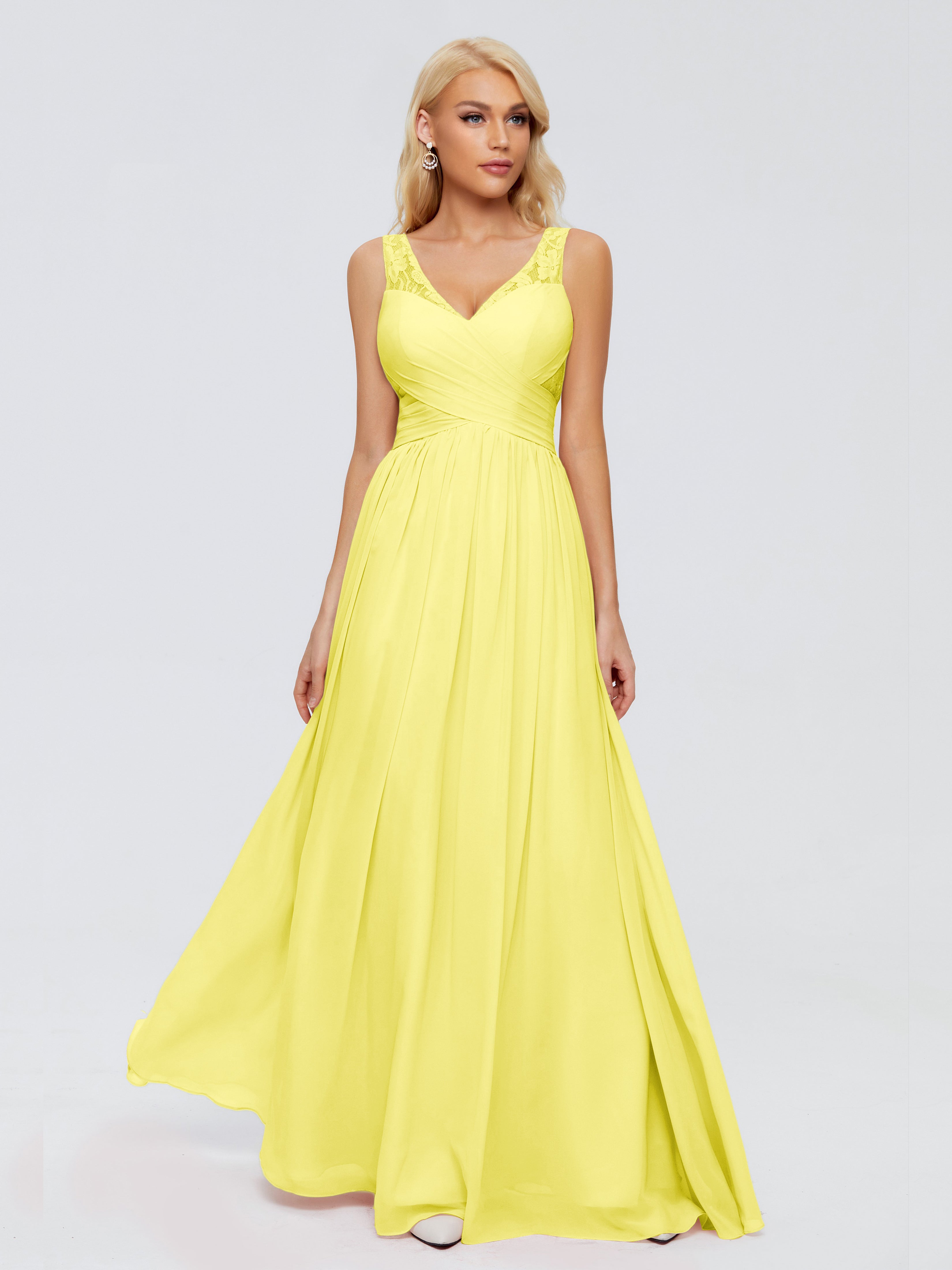 Robes De Demoiselle D'Honneur Citron Trapèze Bretelle Dentelle Mousseline Robes Demoiselle D'Honneur