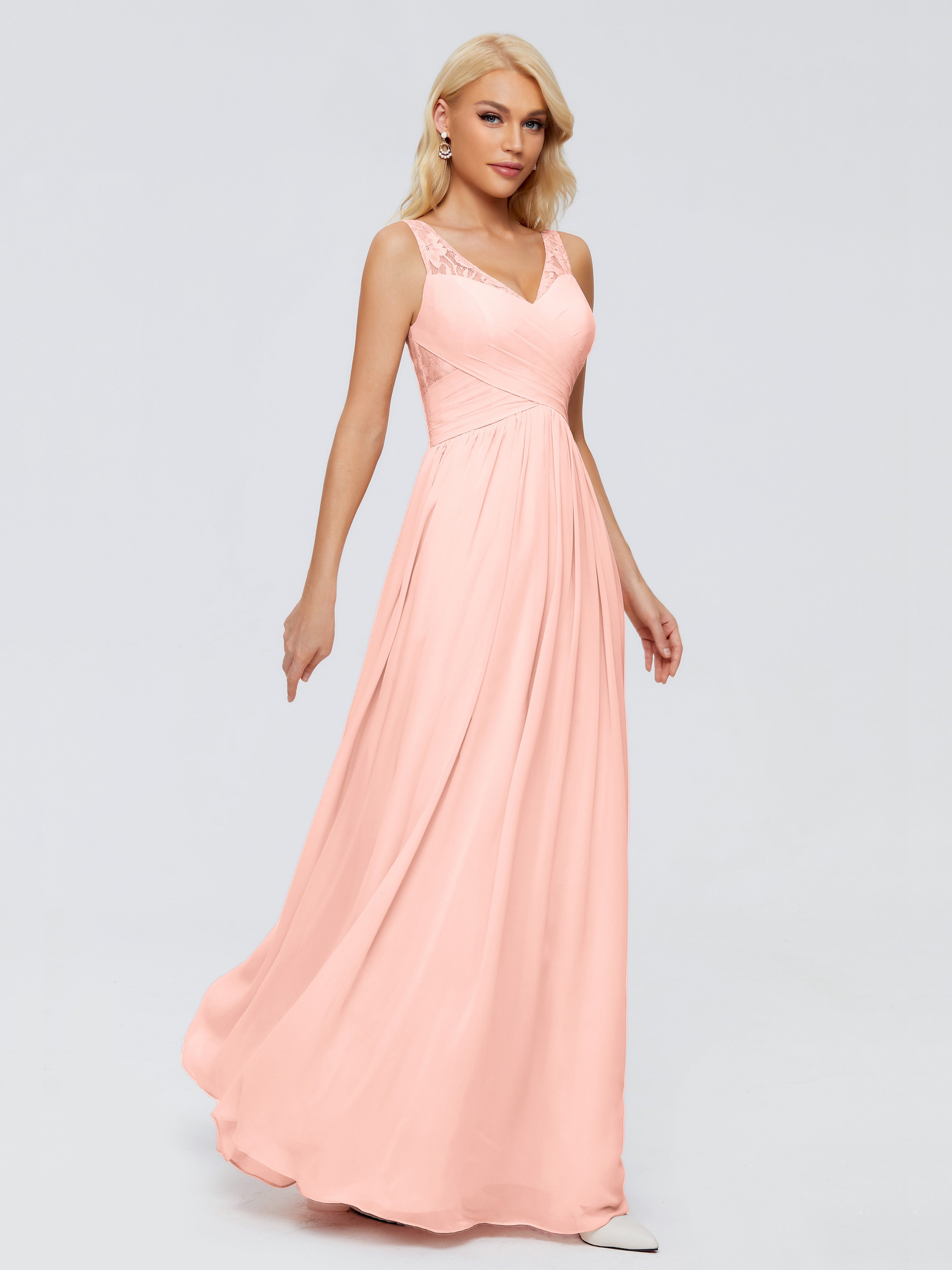 Robes De Demoiselle D'Honneur Corail Trapèze Bretelle Dentelle Mousseline Robes Demoiselle D'Honneur