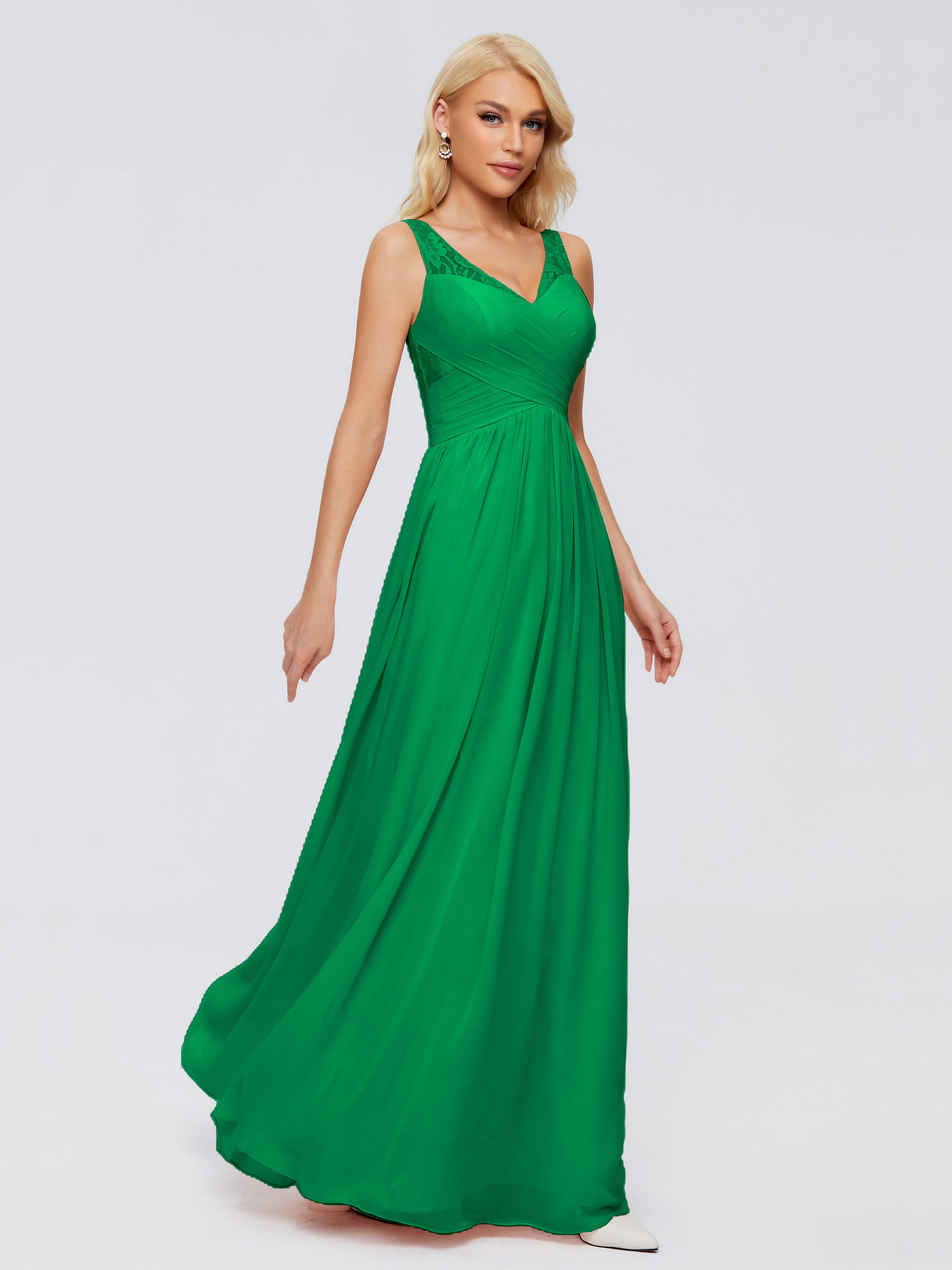 Robes De Demoiselle D'Honneur Vert Émeraude Trapèze Bretelle Dentelle Mousseline Robes Demoiselle D'Honneur