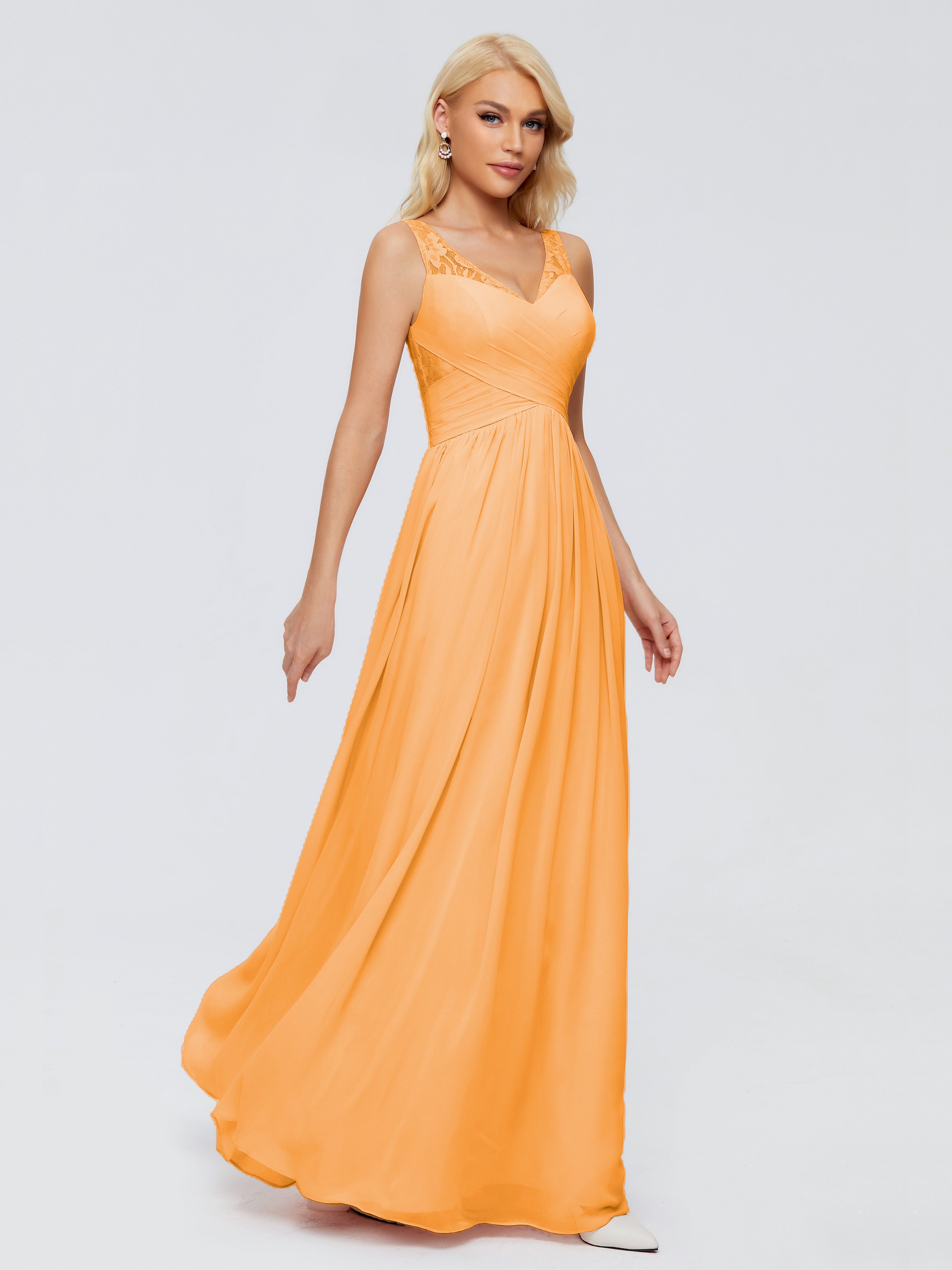 Robes De Demoiselle D'Honneur Mandarine Trapèze Bretelle Dentelle Mousseline Robes Demoiselle D'Honneur