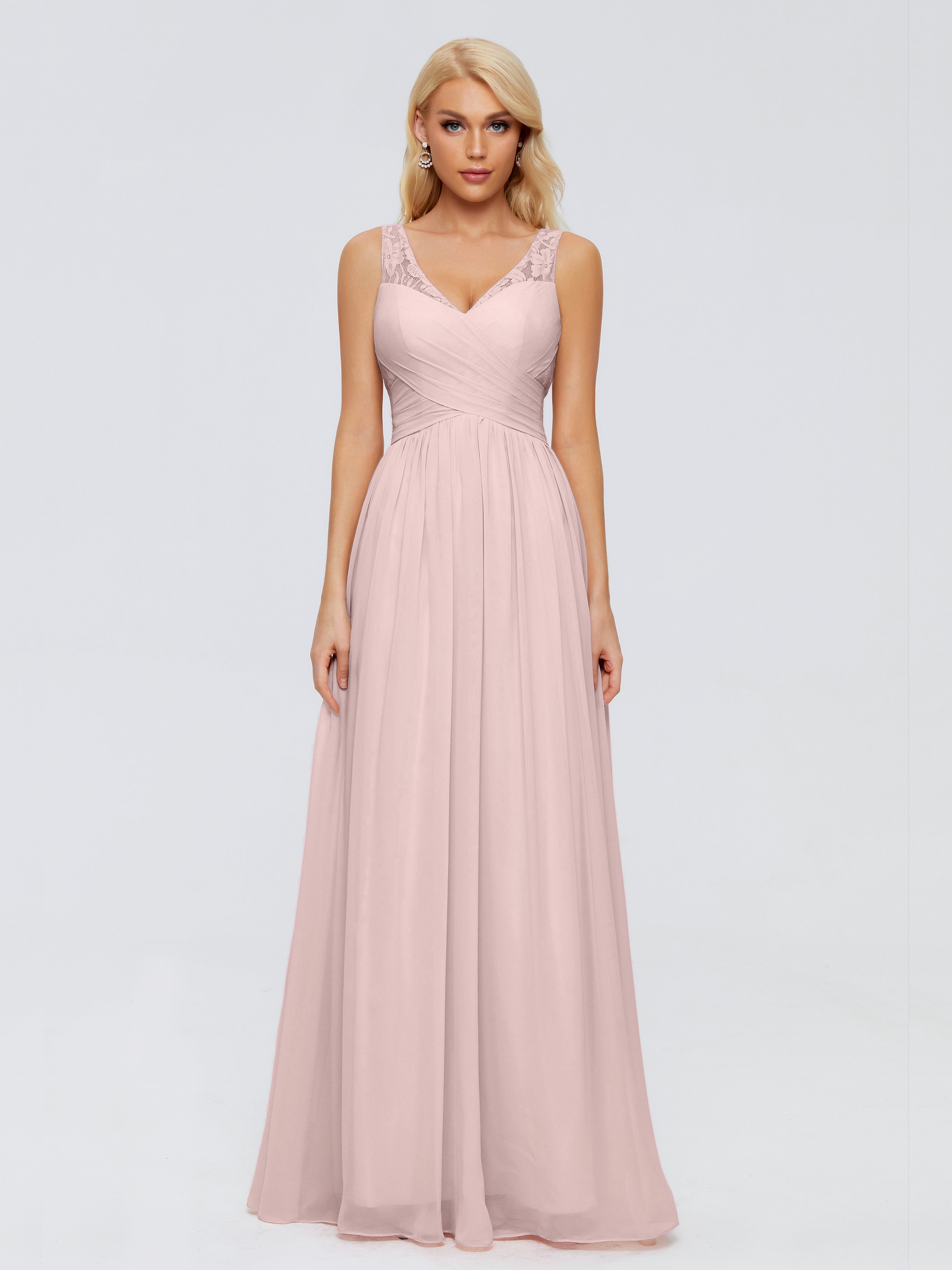 Longues Robes De Demoiselle D'Honneur De Rose Poudrée Trapèze Bretelle Dentelle Mousseline Robes Demoiselle D'Honneur