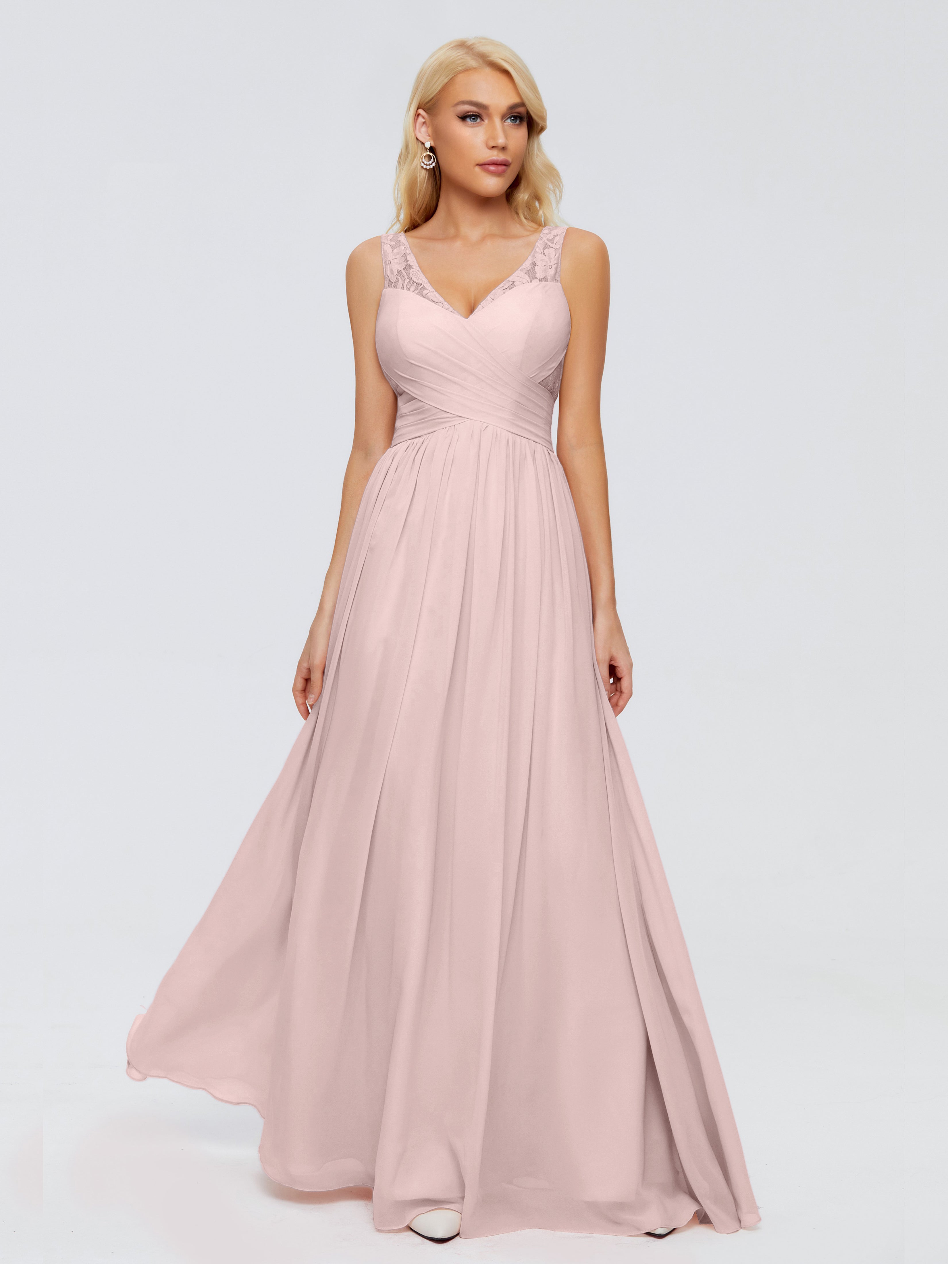 Longues Robes De Demoiselle D'Honneur De Rose Poudrée Trapèze Bretelle Dentelle Mousseline Robes Demoiselle D'Honneur