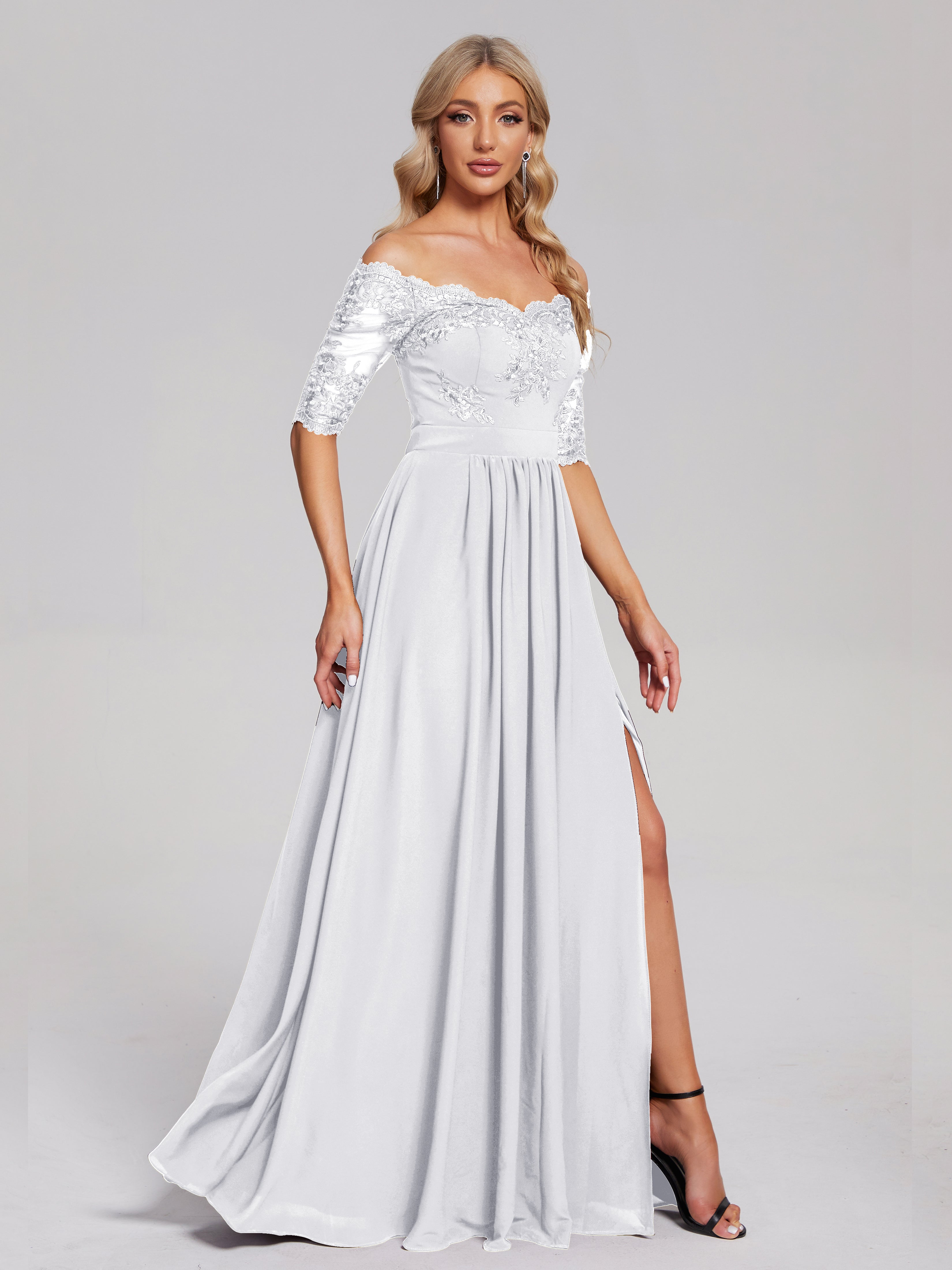 Toutes Les Robes De Demoiselle D'Honneur Blanches Hors-La-Épaule Demi Manches Dentelle/Mousseline Robes Demoiselle D'Honneur