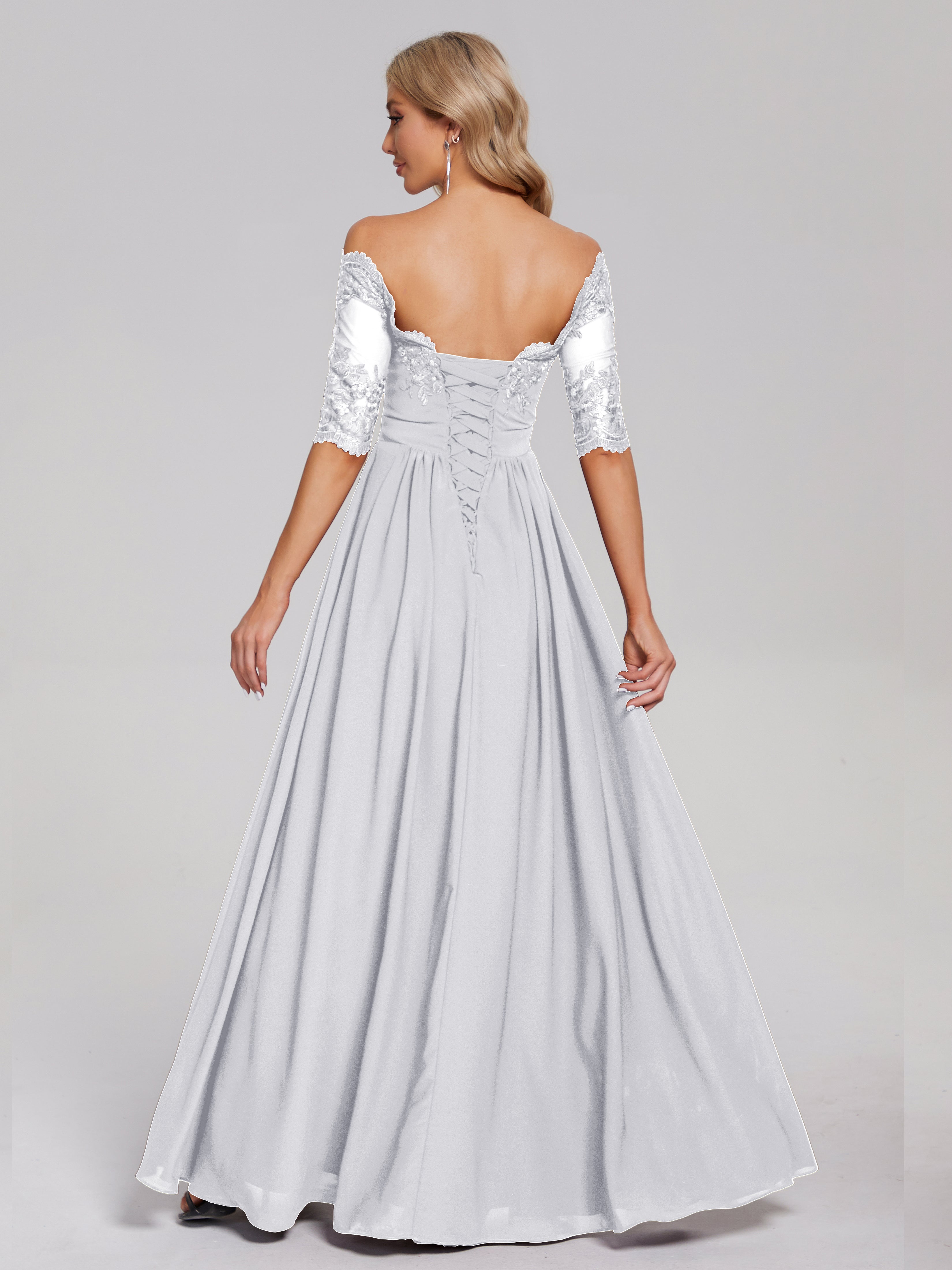 Toutes Les Robes De Demoiselle D'Honneur Blanches Hors-La-Épaule Demi Manches Dentelle/Mousseline Robes Demoiselle D'Honneur