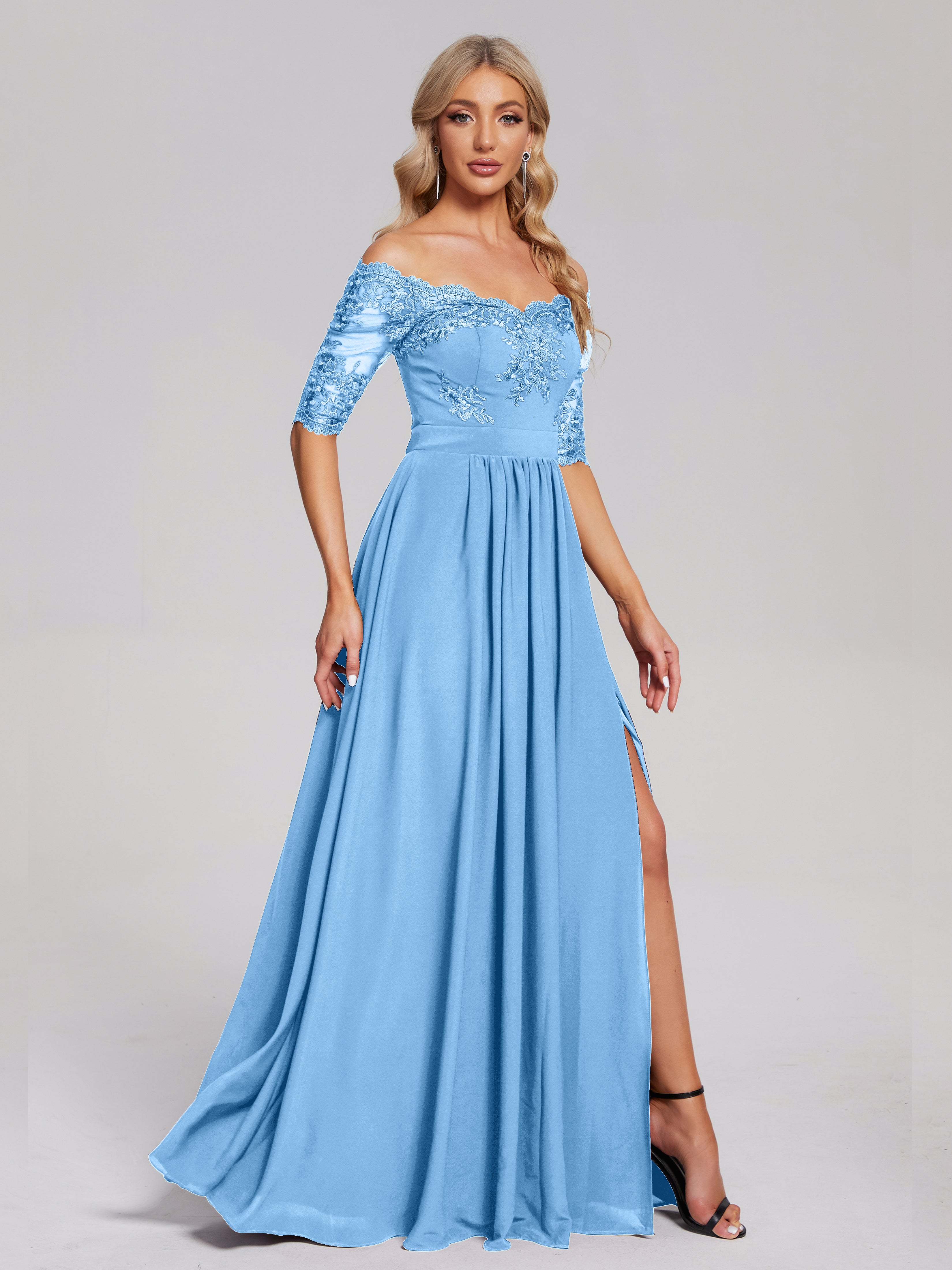 Robe Demoiselle D Honneur Bleue Hors-La-Épaule Demi Manches Dentelle/Mousseline Robes Demoiselle D'Honneur